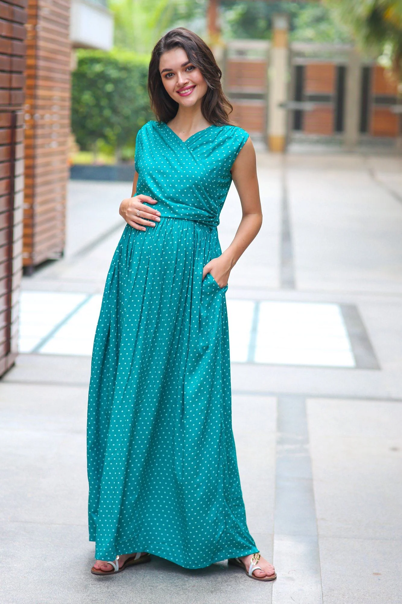 Teal Polka Maternity & Nursing Sleeveless Wrap Dress - Chenance
