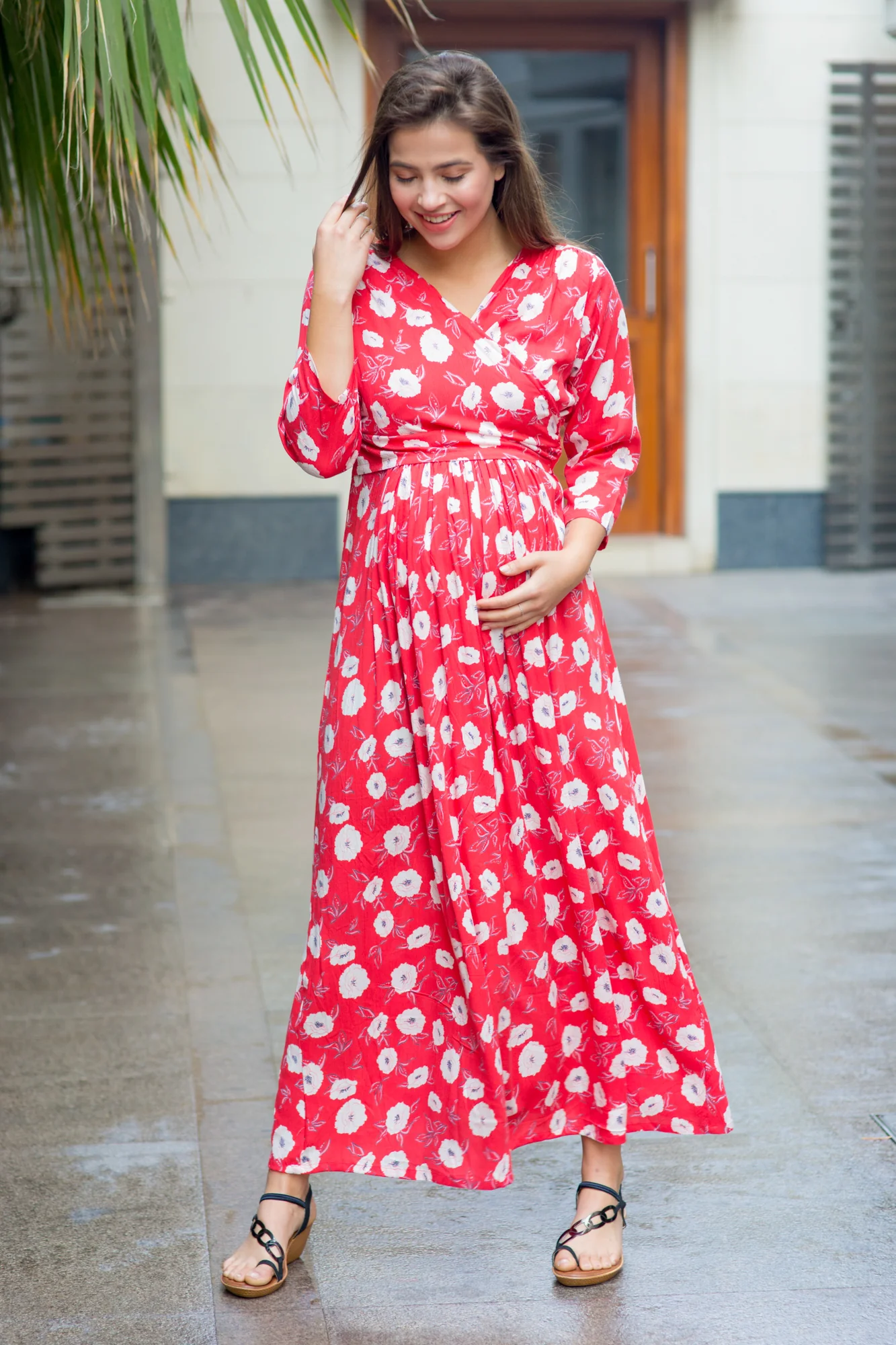 Red White Floral Maternity & Nursing Wrap Dress - Chenance