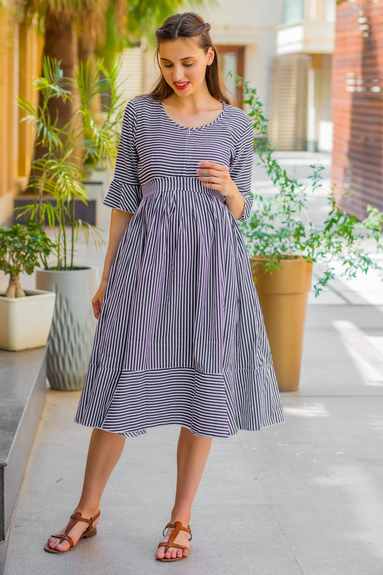 Navy Blue Striped Maternity & Nursing Dress - Chenance