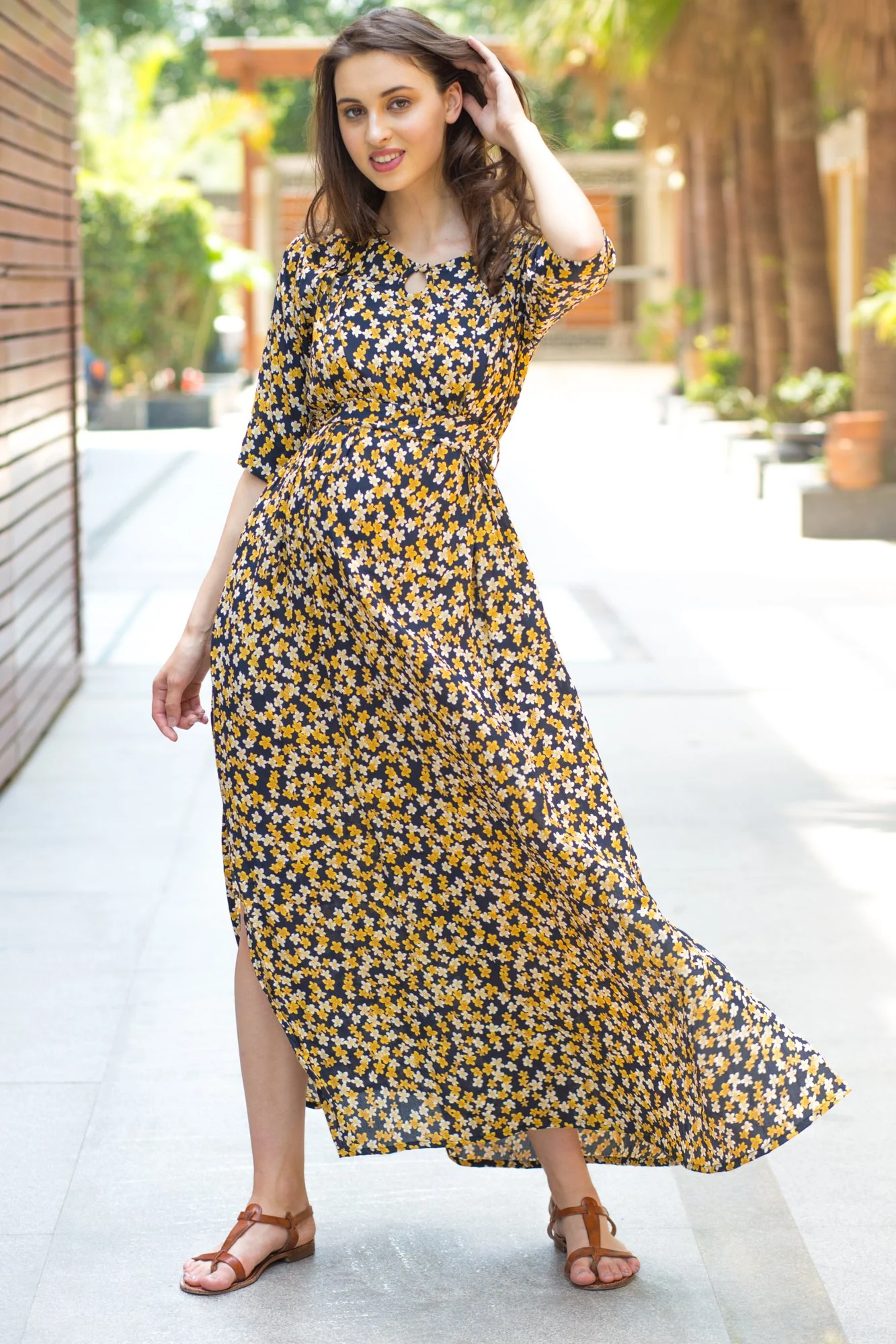 Ebony Blossom Side Slit Concealed Zips Maternity & Nursing Dress - Chenance