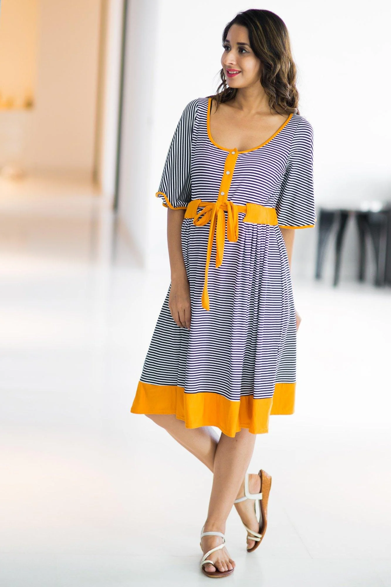 Mustard Striped Swing Maternity & Nursing Dress - Chenance