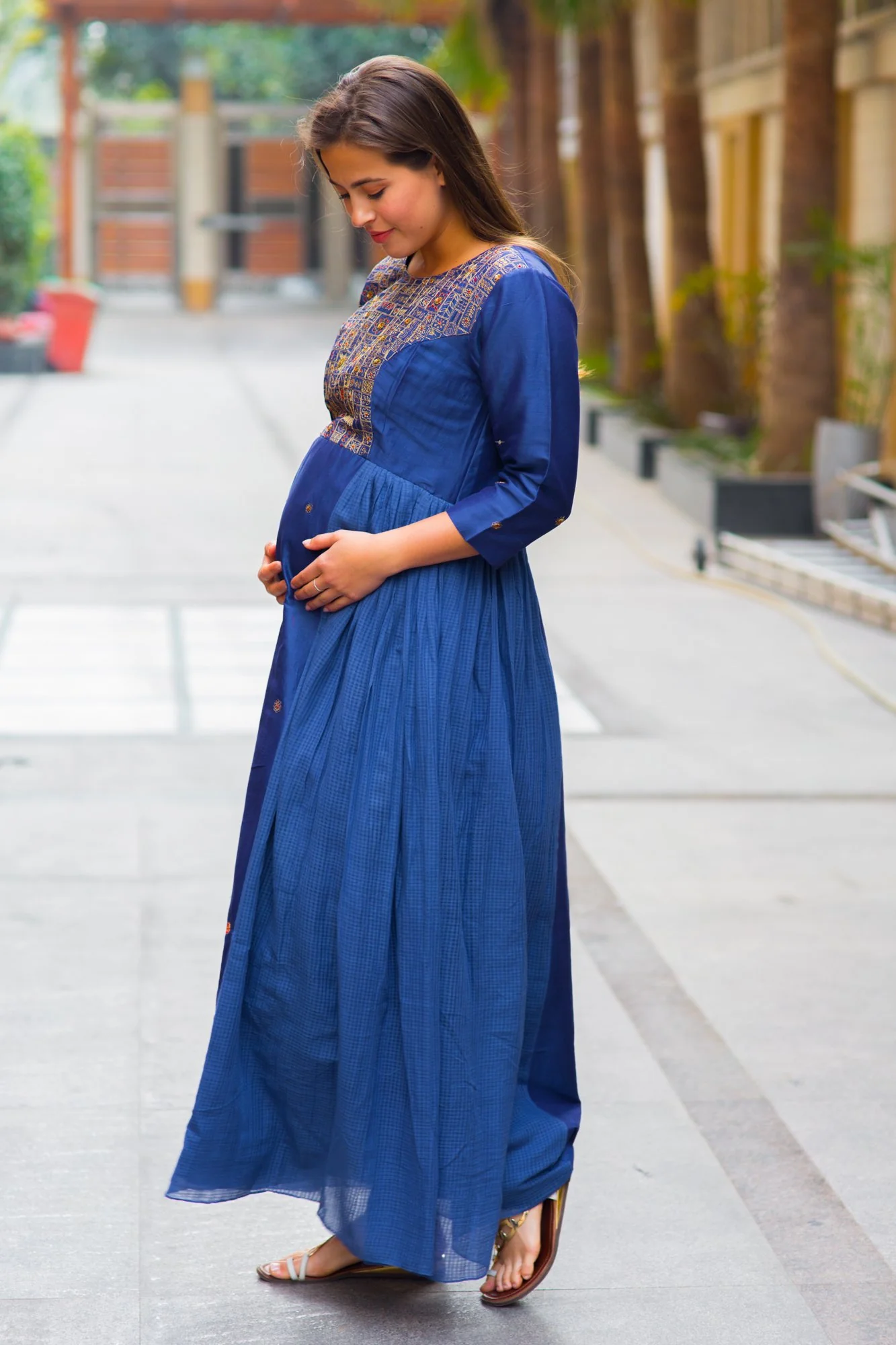 Premium Blue Chanderi Hand Embroidered Maternity & Nursing Dress - Chenance