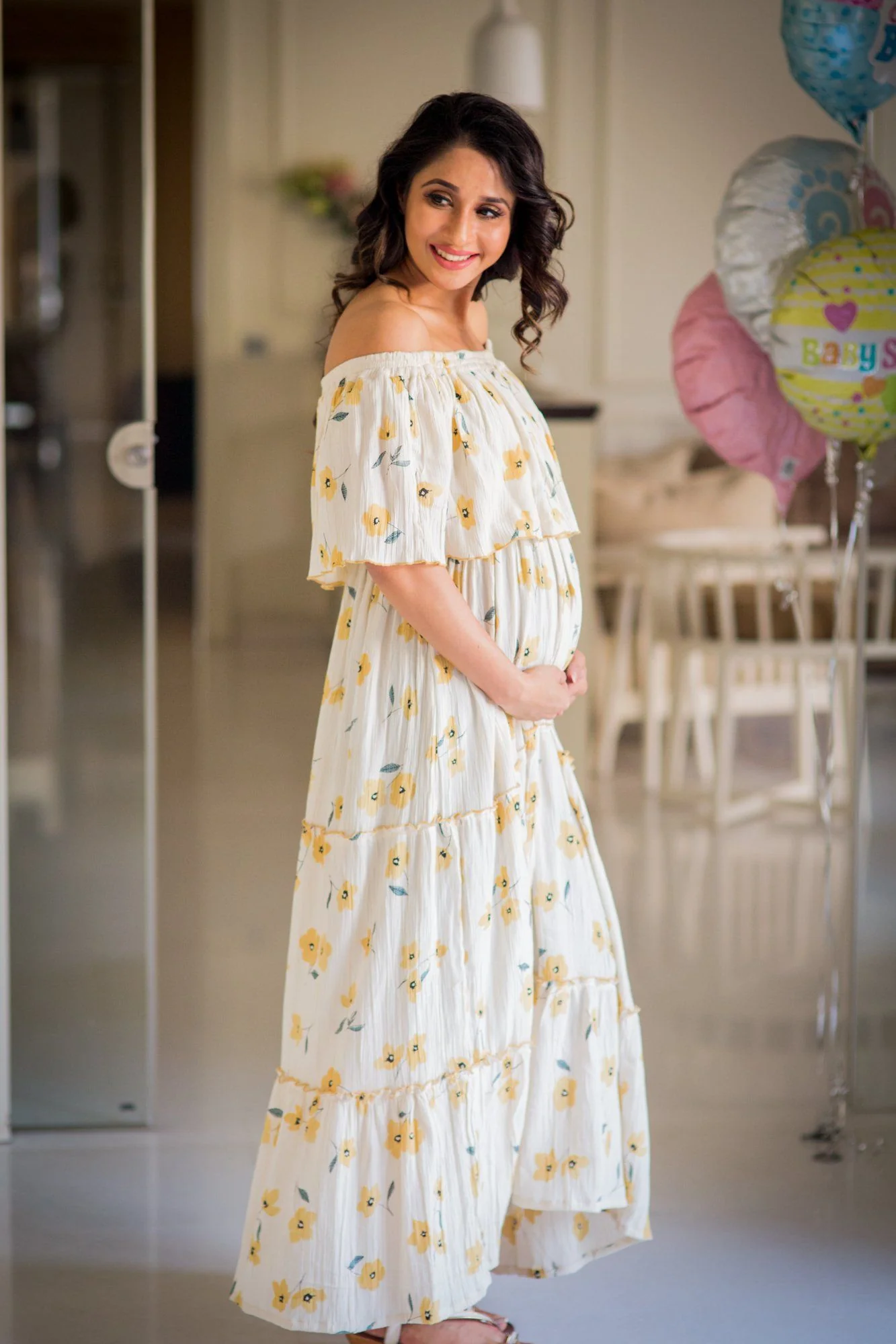 Offwhite Marigold Off-Shoulder Maternity Maxi Dress - Chenance