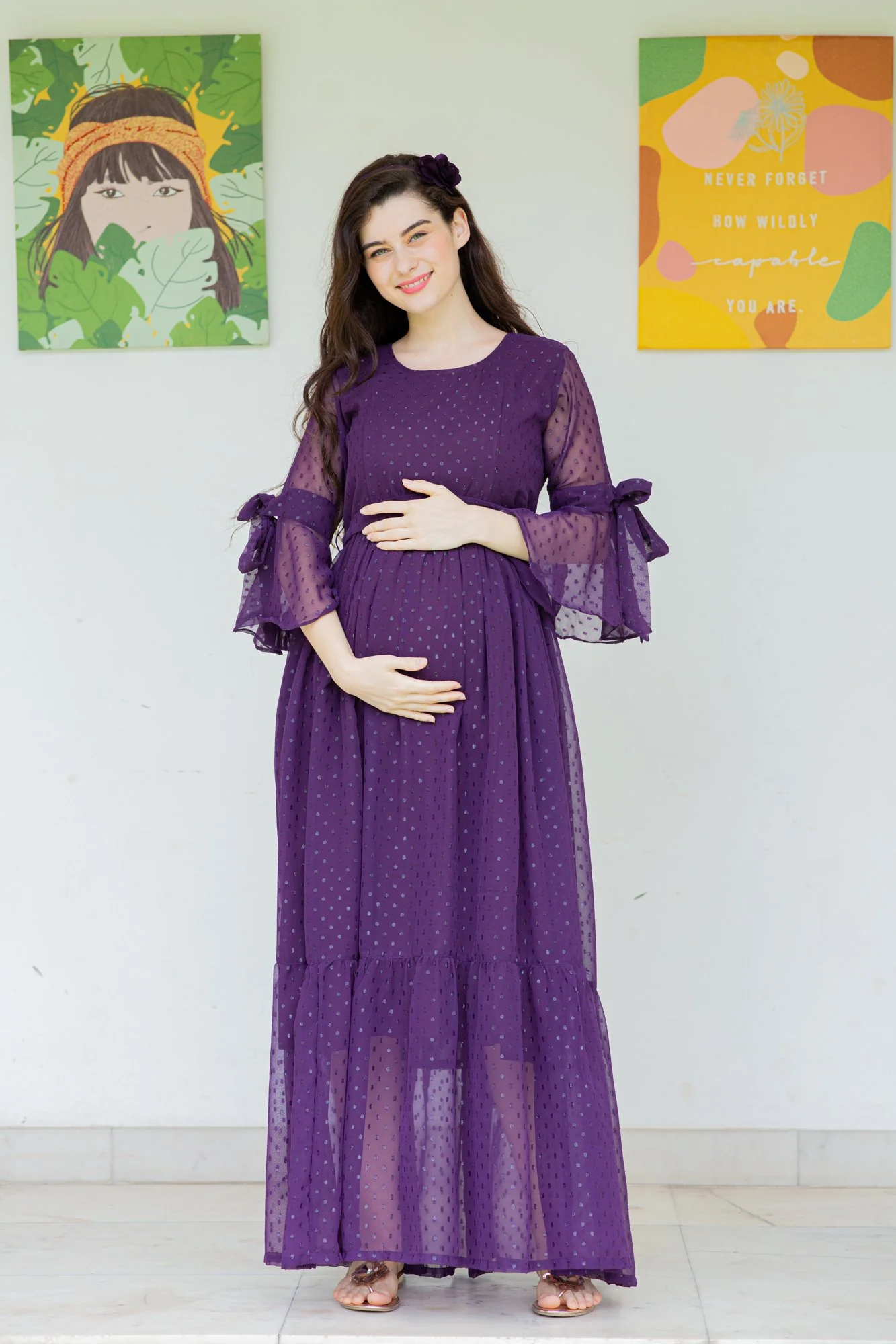Brinjal Purple Maternity & Nursing Frill Dress - Chenance