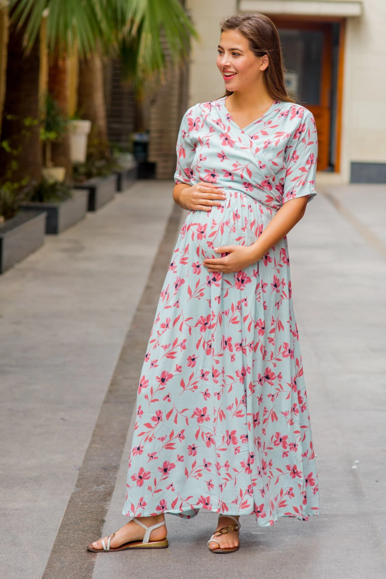 Carolina Blue Pink Floral Maternity & Nursing Wrap Dress - Chenance
