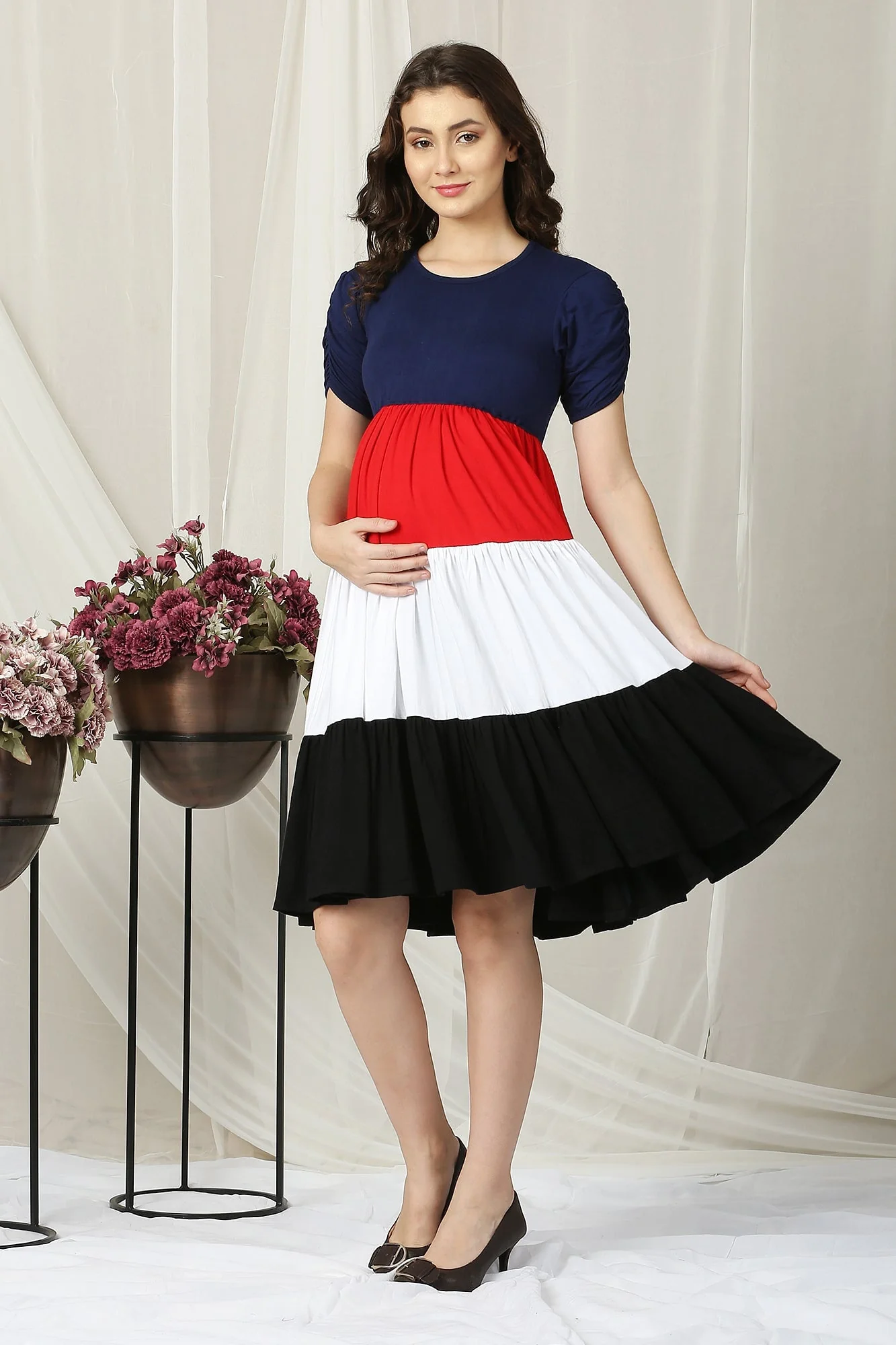 Fashionable Peppy Blue & Red Layered Maternity Top - Chenance