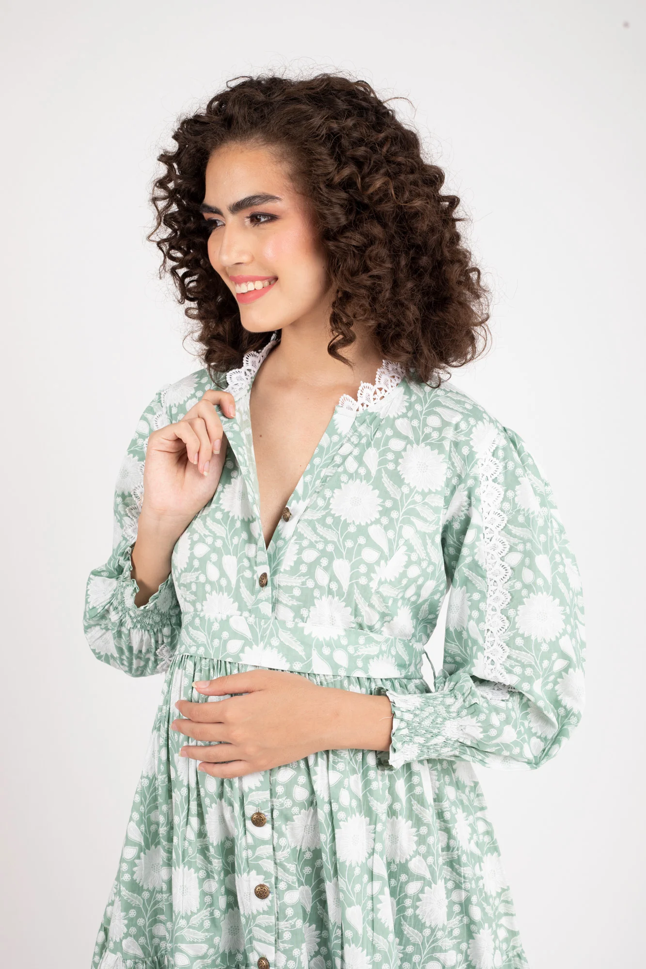 Seafoam Maternity & Nursing Gathered Dress (100% Cotton) - Chenance