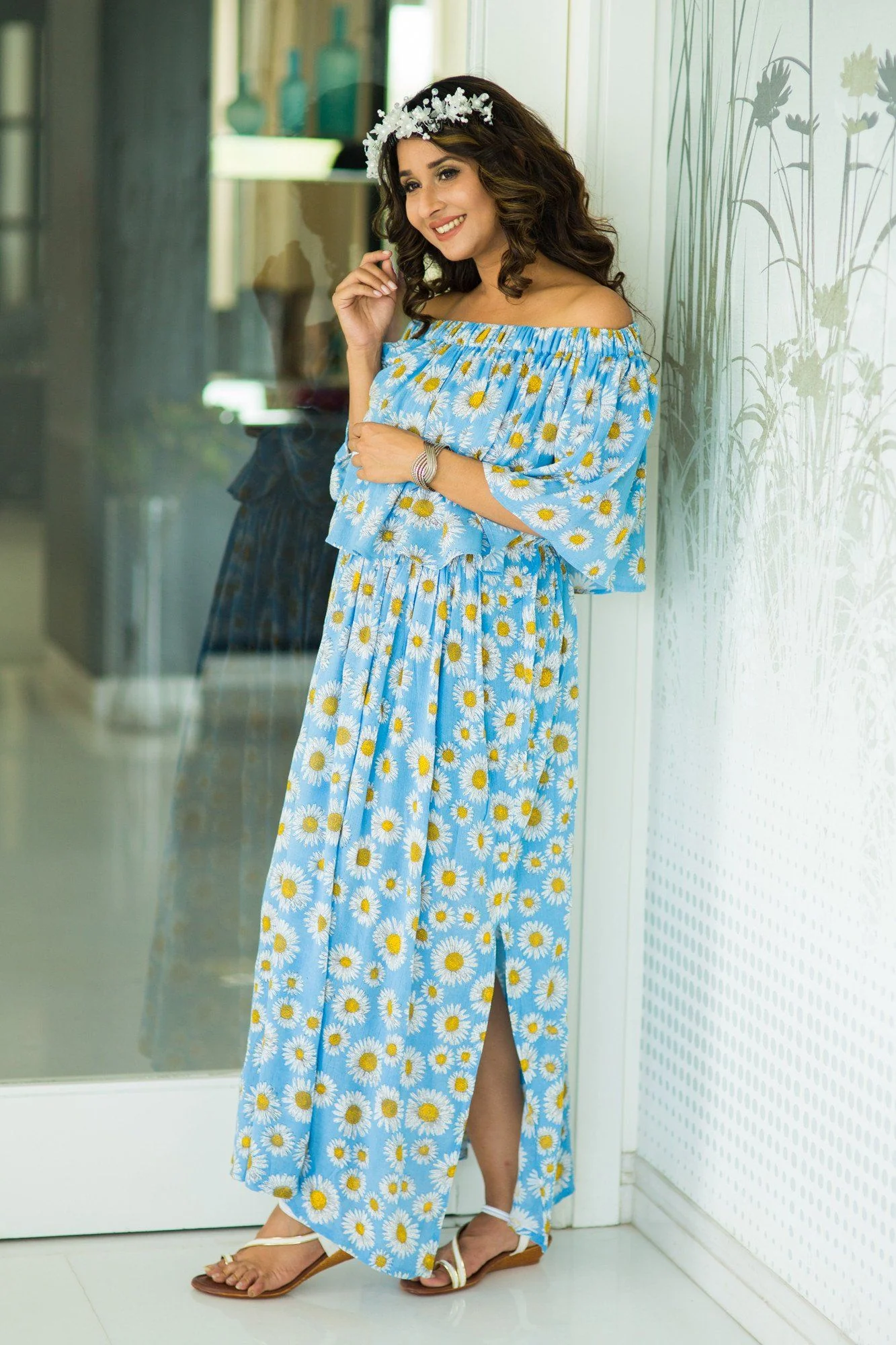 Sun flower Off-Shoulder Maternity Maxi Dress - Chenance