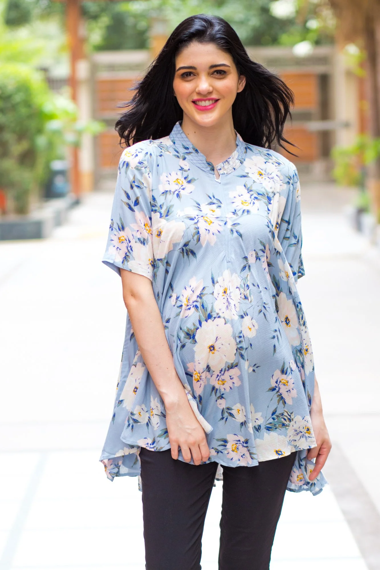 Pastel Blue Floral Flowing Maternity & Nursing Top - Chenance