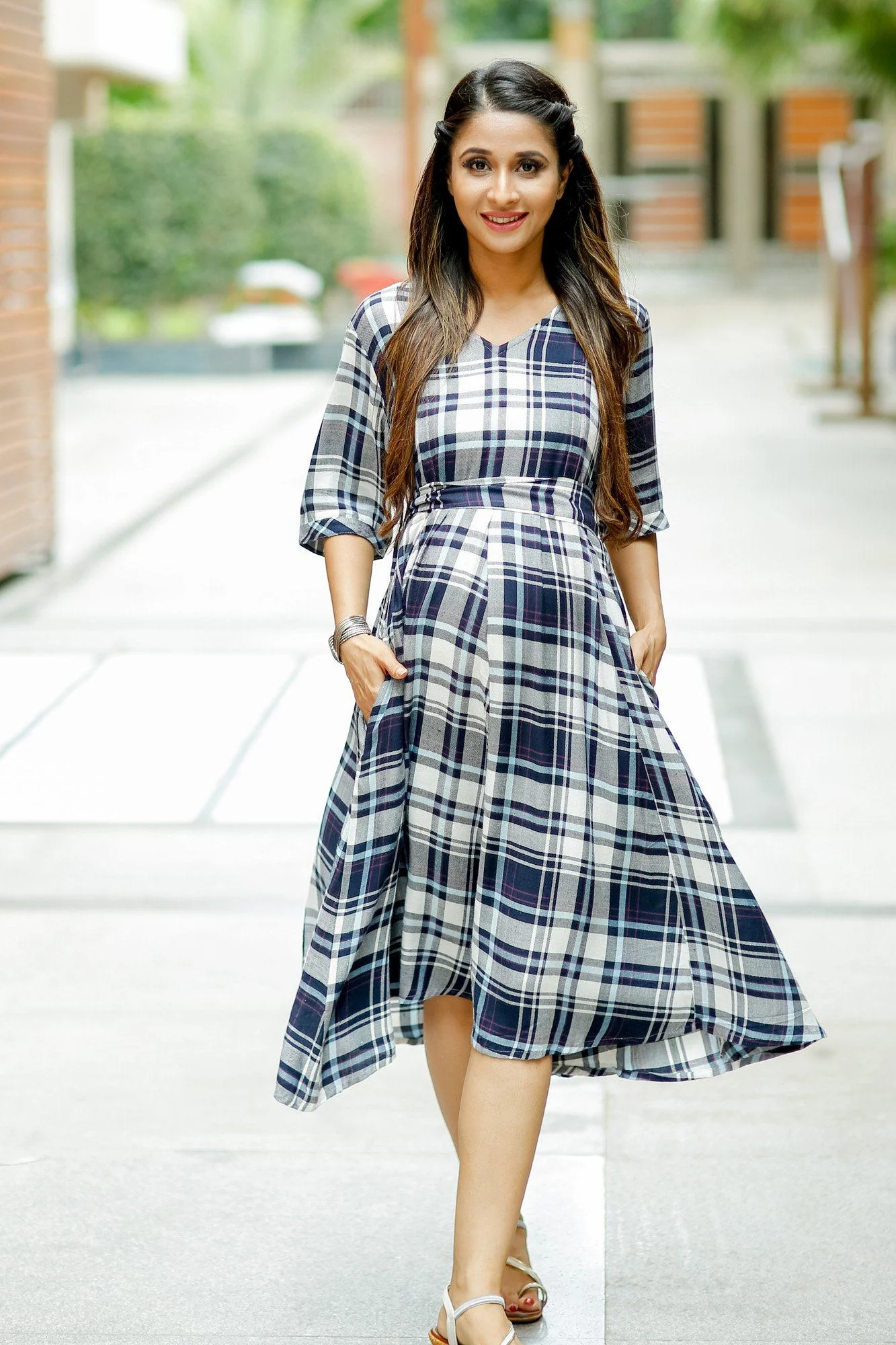 Royal Navy Plaid Concealed Zips Maternity and Nursing Dress - Chenance