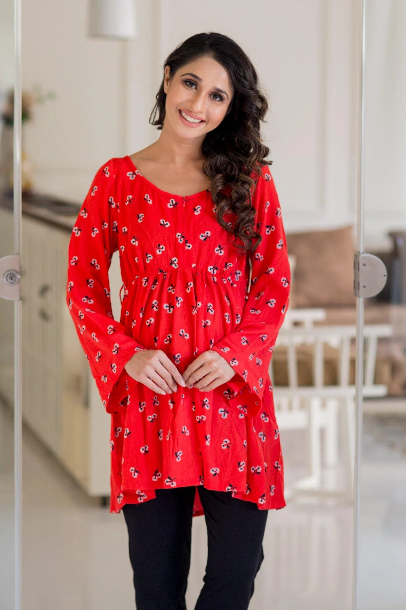 Floral Tangerine Gathered Maternity Top - Chenance