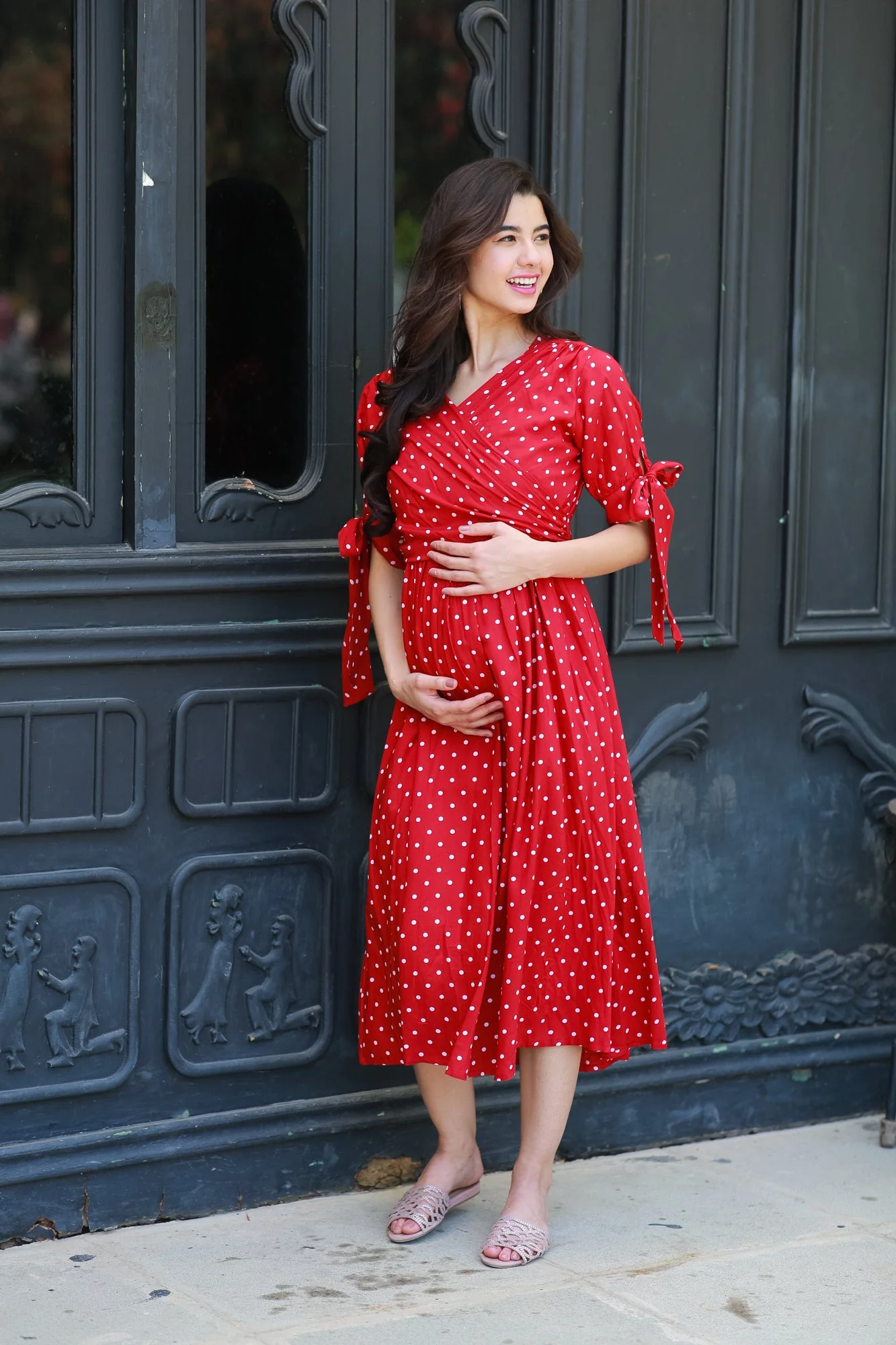 Paradise Cherry Dotted Maternity & Nursing Midi Wrap Dress - Chenance