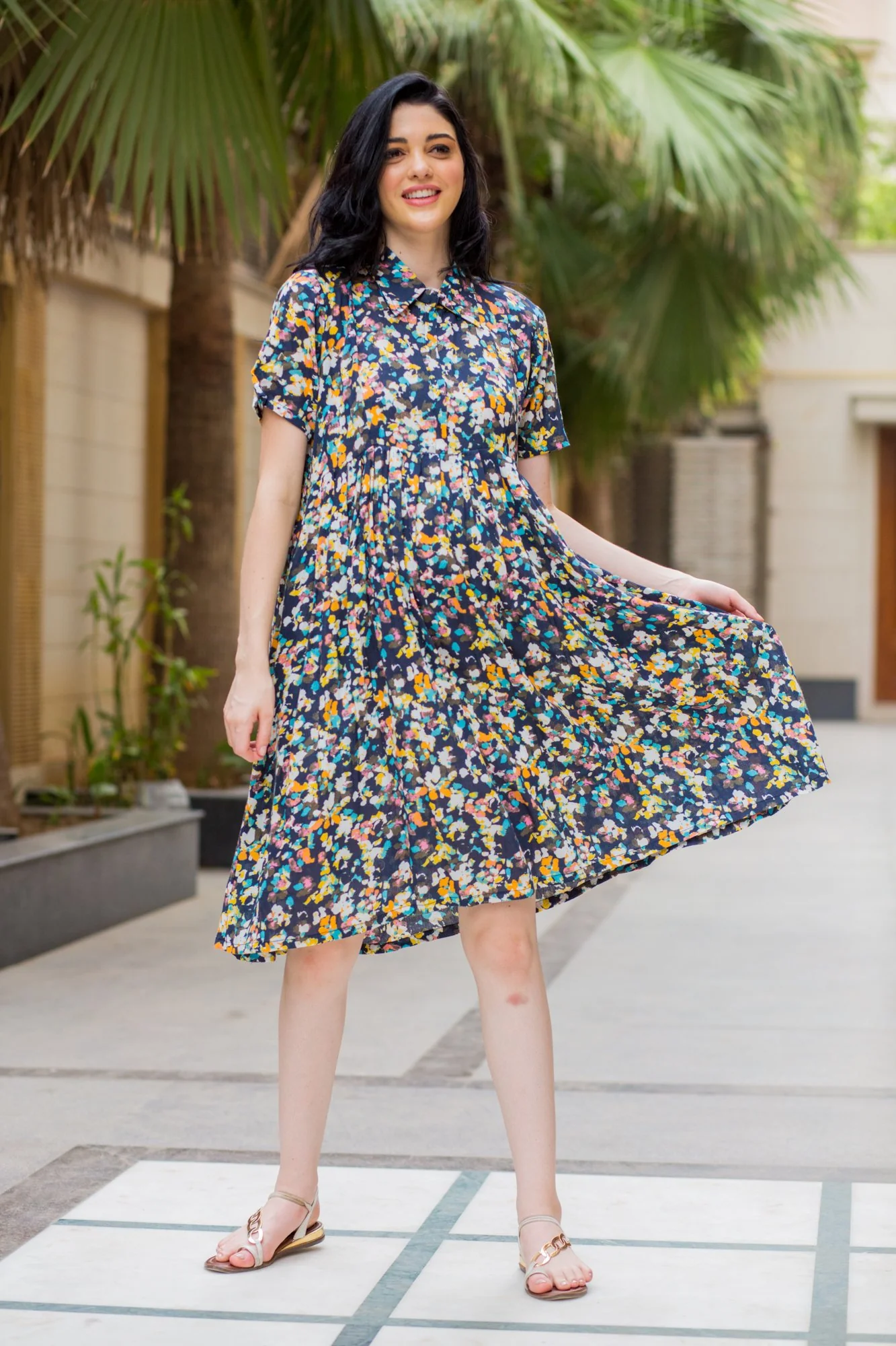 Vivid Sprinkle Maternity & Nursing Collar Dress - Chenance