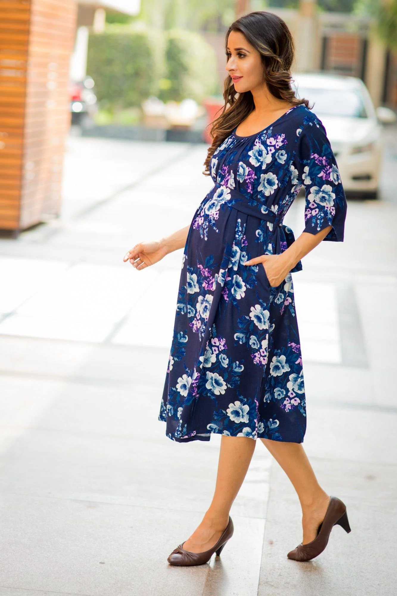 Ocean Blue Floral Print Pocket Versatile Maternity Dress - Chenance