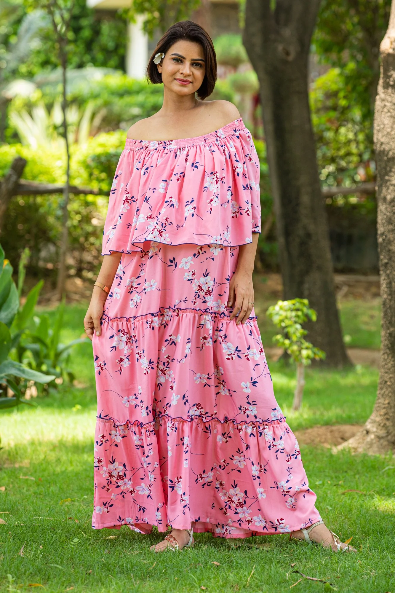 Bubblegum Pink Off-Shoulder Maternity Maxi Dress - Chenance