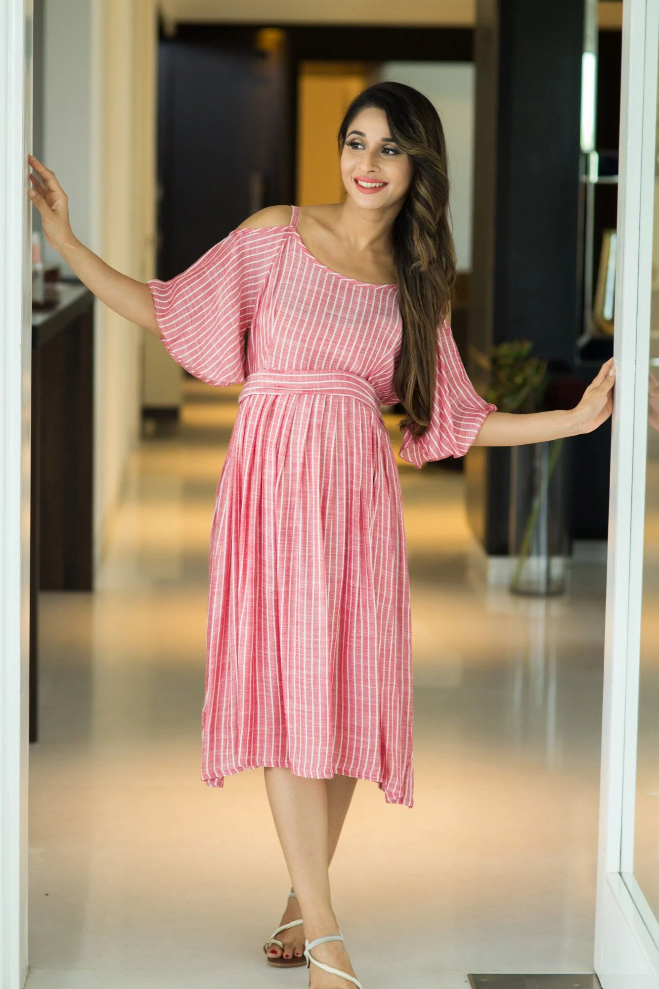 Free Spirited Red Stripe Cold Shoulder Maternity Dress - Chenance