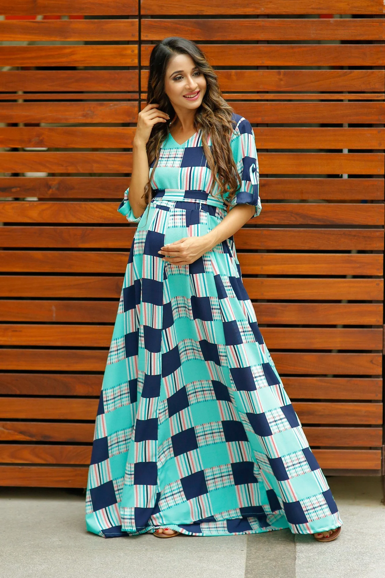 Green Check Concealed Zips Maternity & Nursing Maxi Dress - Chenance