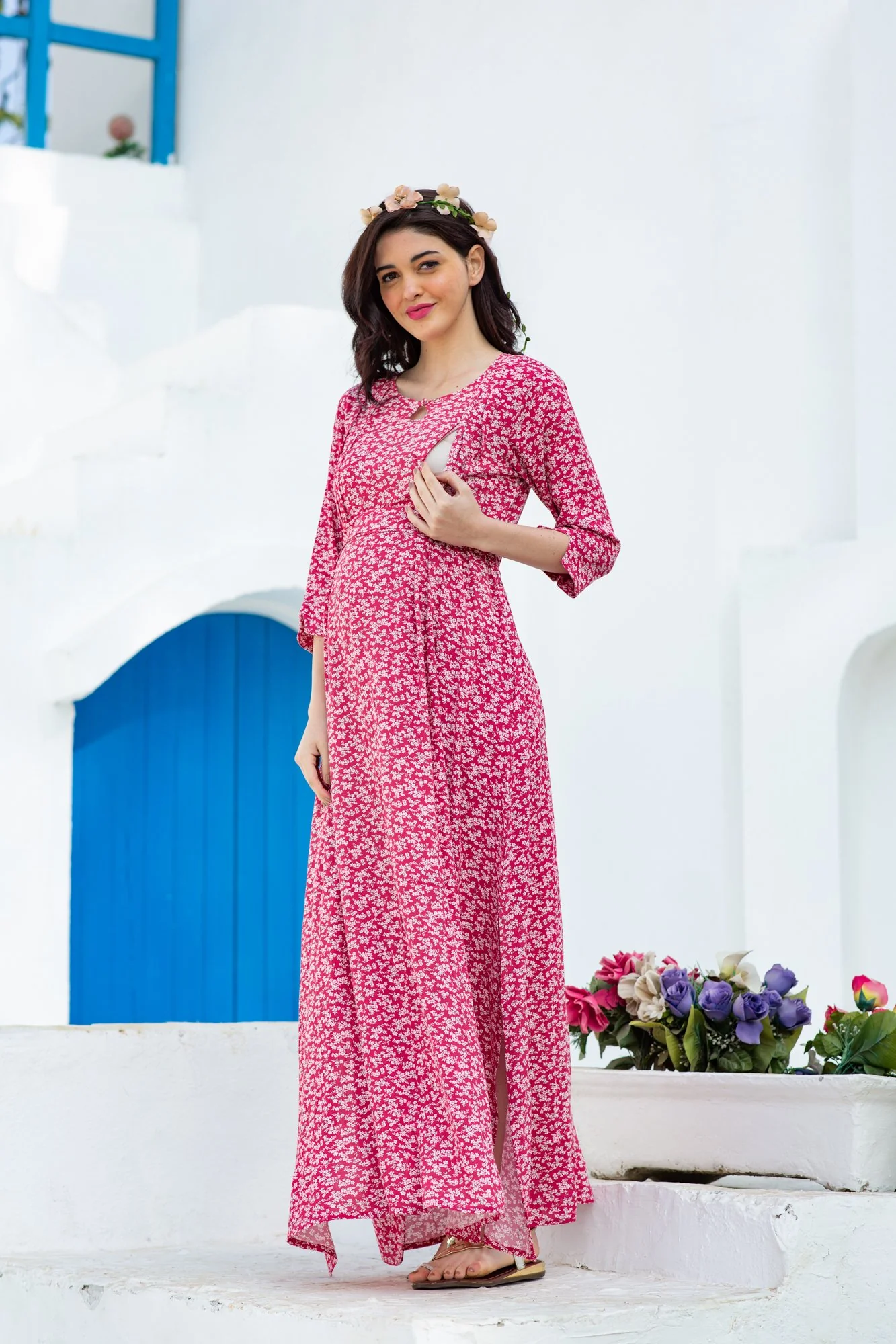 Burgundy Floral Side Slit Maternity & Feeding Dress - Chenance