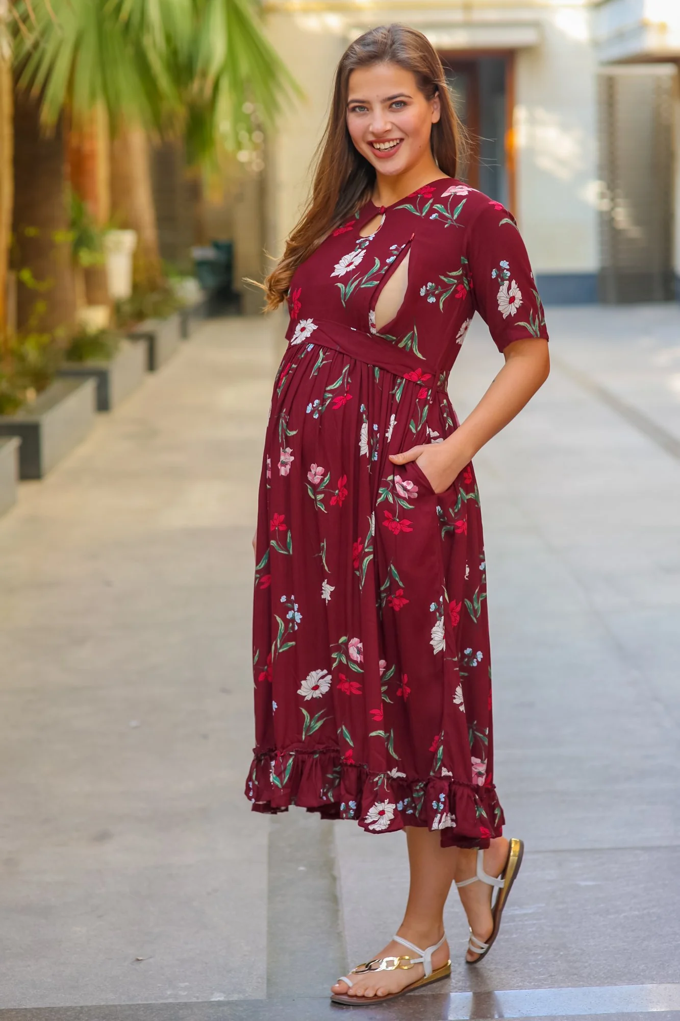 Berry Floral Frill Crepe Concealed Zips Maternity & Nursing Dress - Chenance