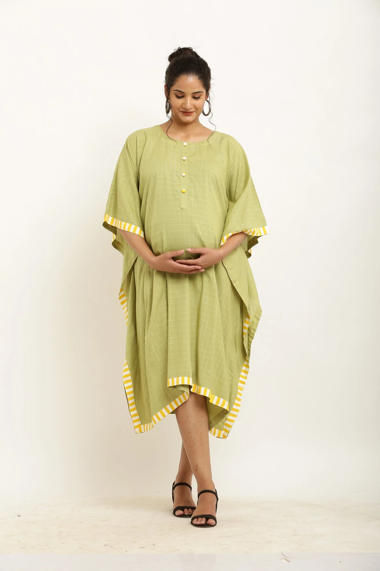 Majestic Olive Green Checks Maternity & Nursing Kaftan - Chenance