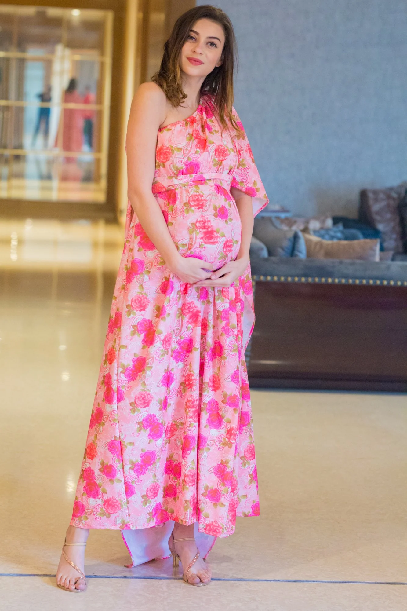 Botanical Rose One Shoulder Floral Maternity Gown - Chenance