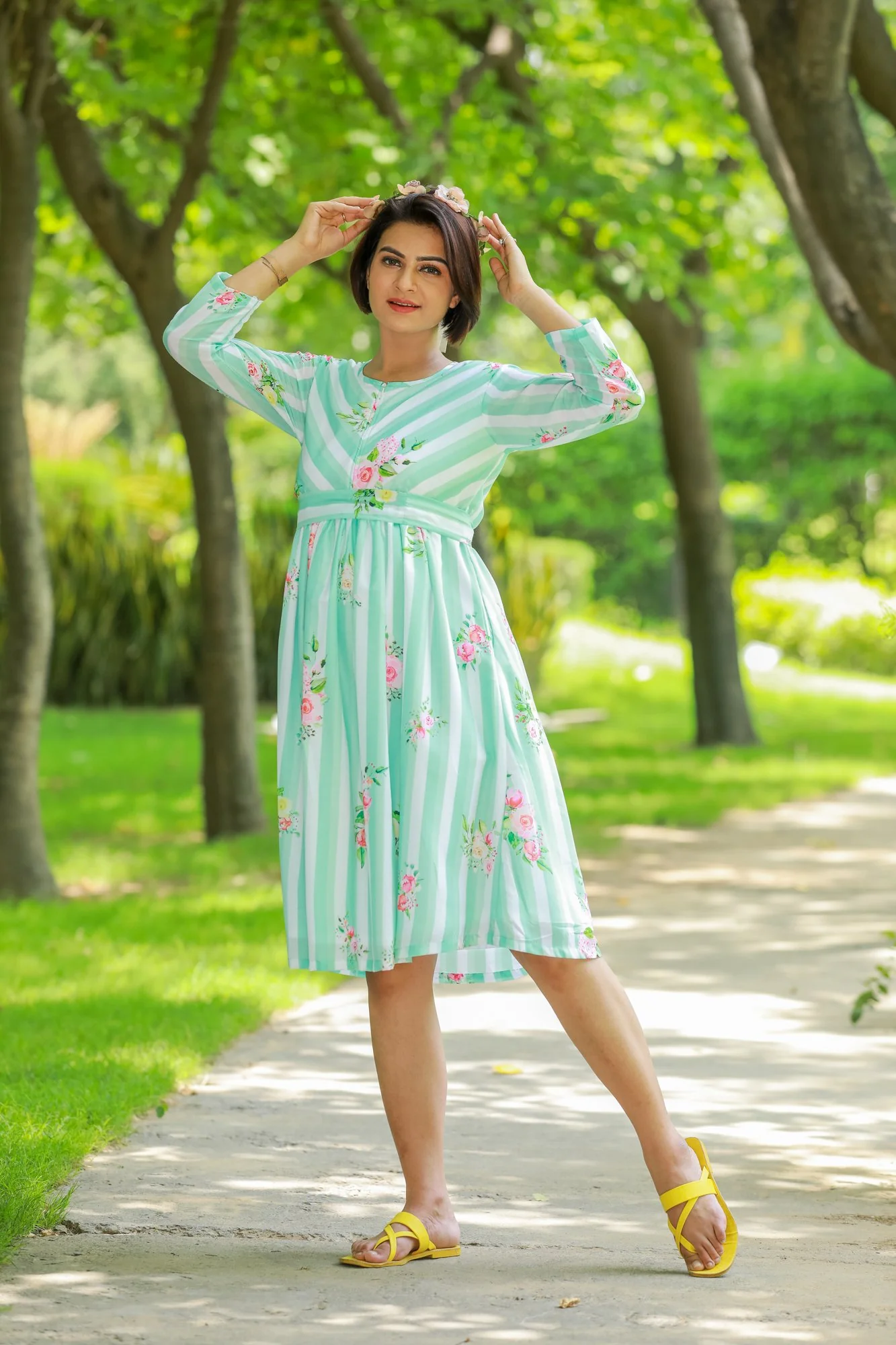 Mint Floral Striped Maternity & Nursing Dress - Chenance