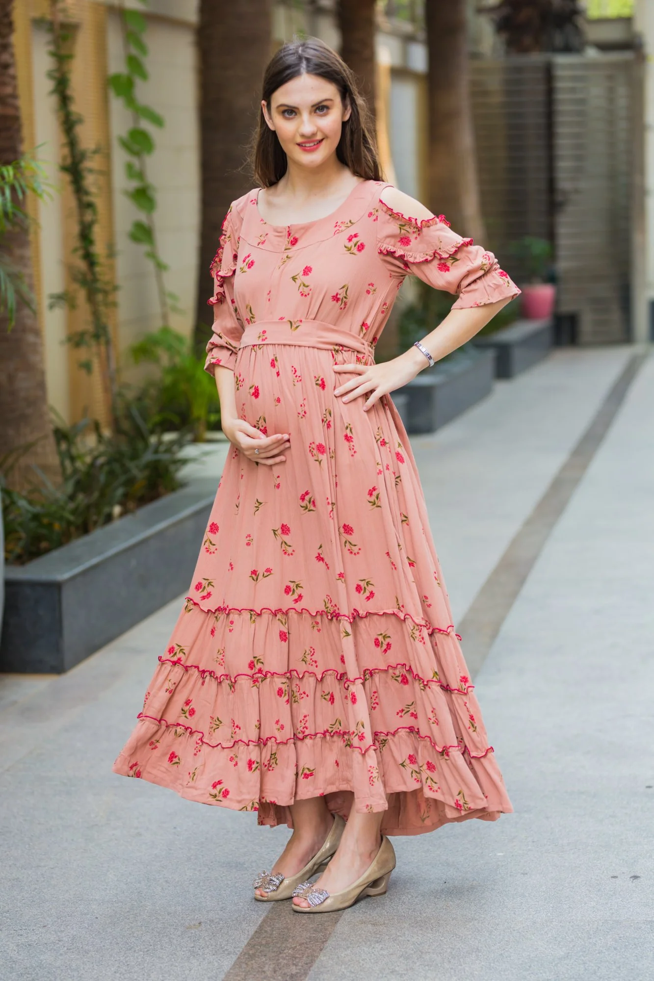 Peach Hawaiin Floral Frill Maternity & Nursing Maxi - Chenance