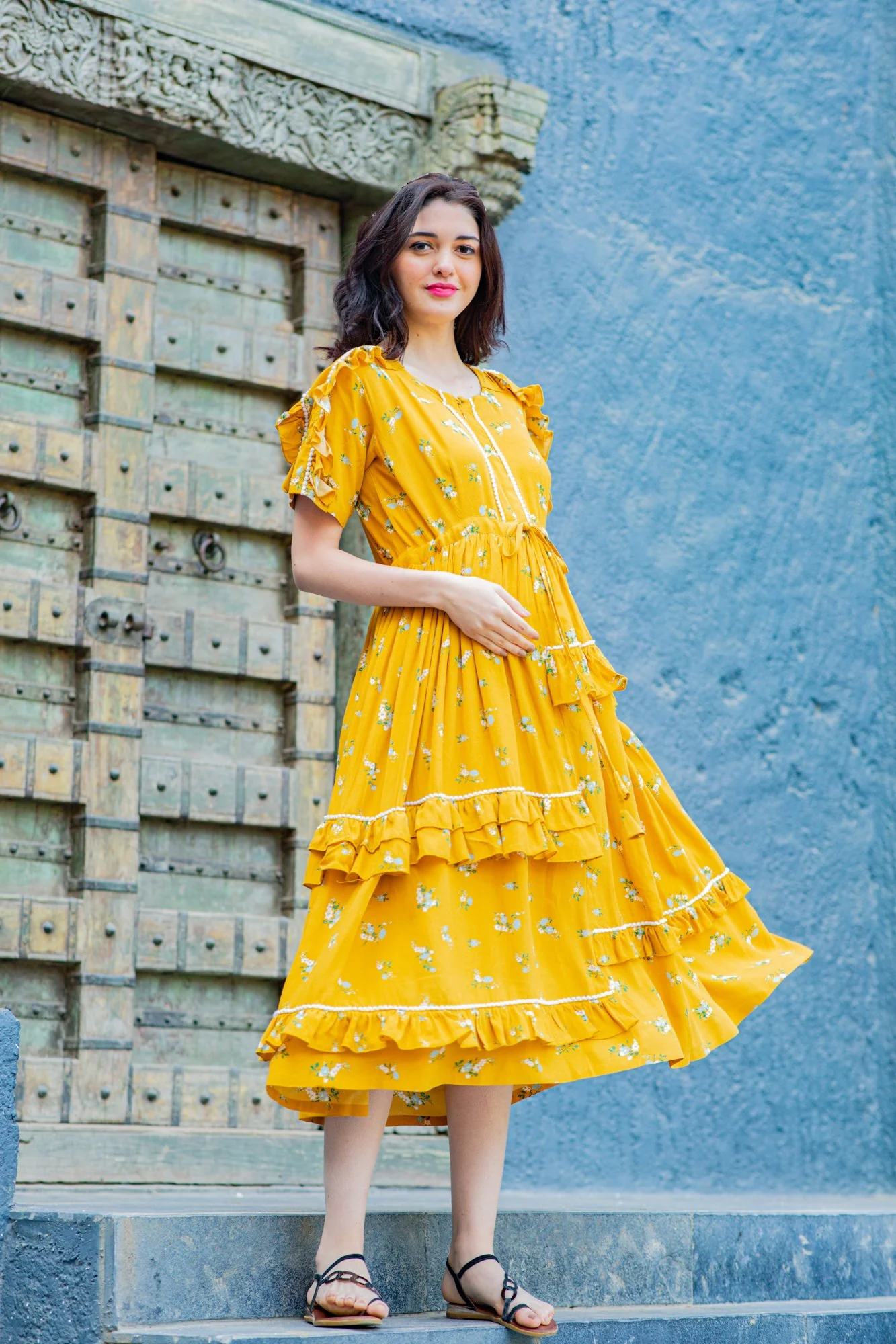 Honey Yellow Maternity & Nursing Frill Dress - Chenance