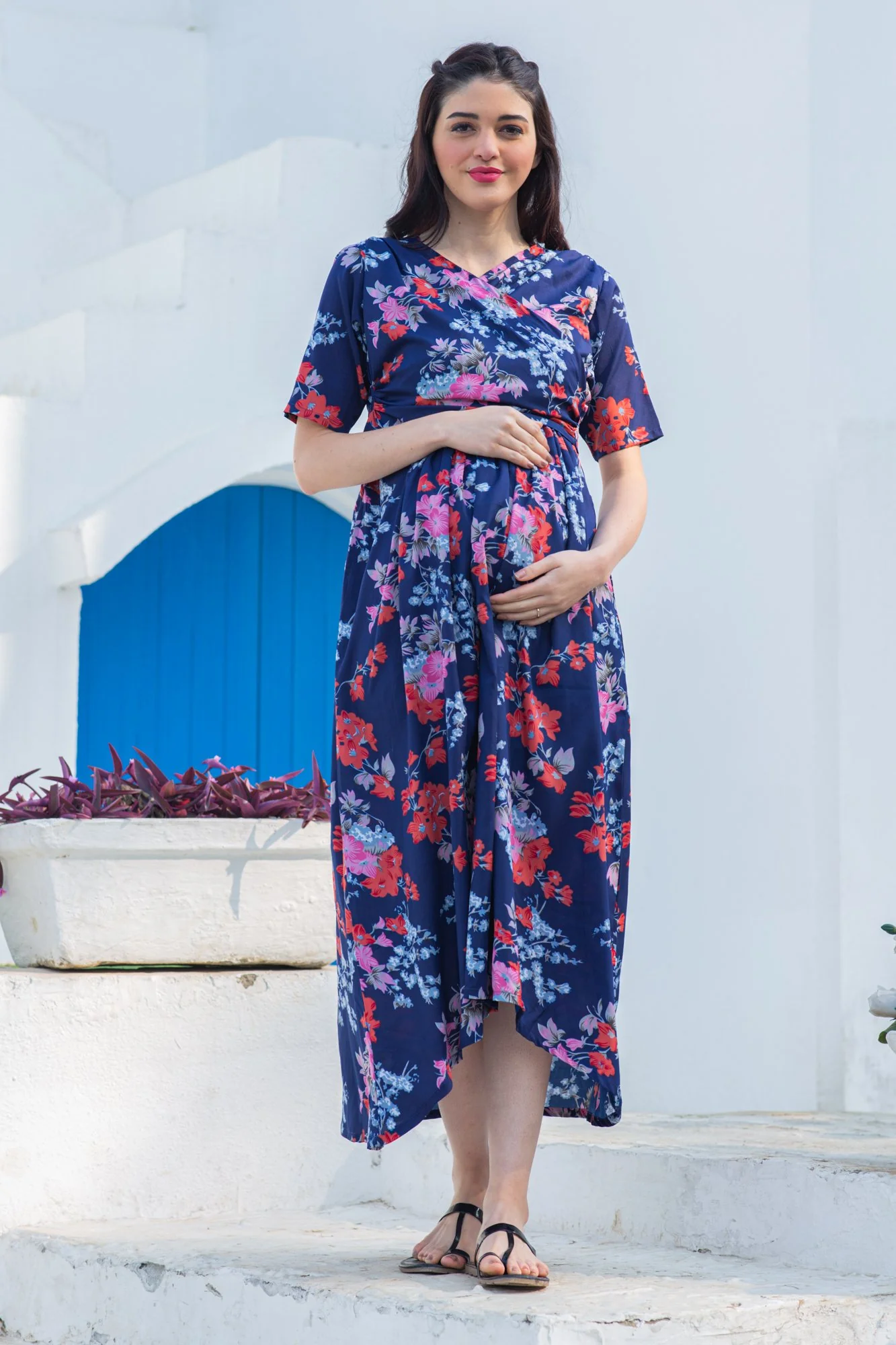 Navy Blue Peony Maternity & Nursing Hi-Low Wrap Dress - Chenance
