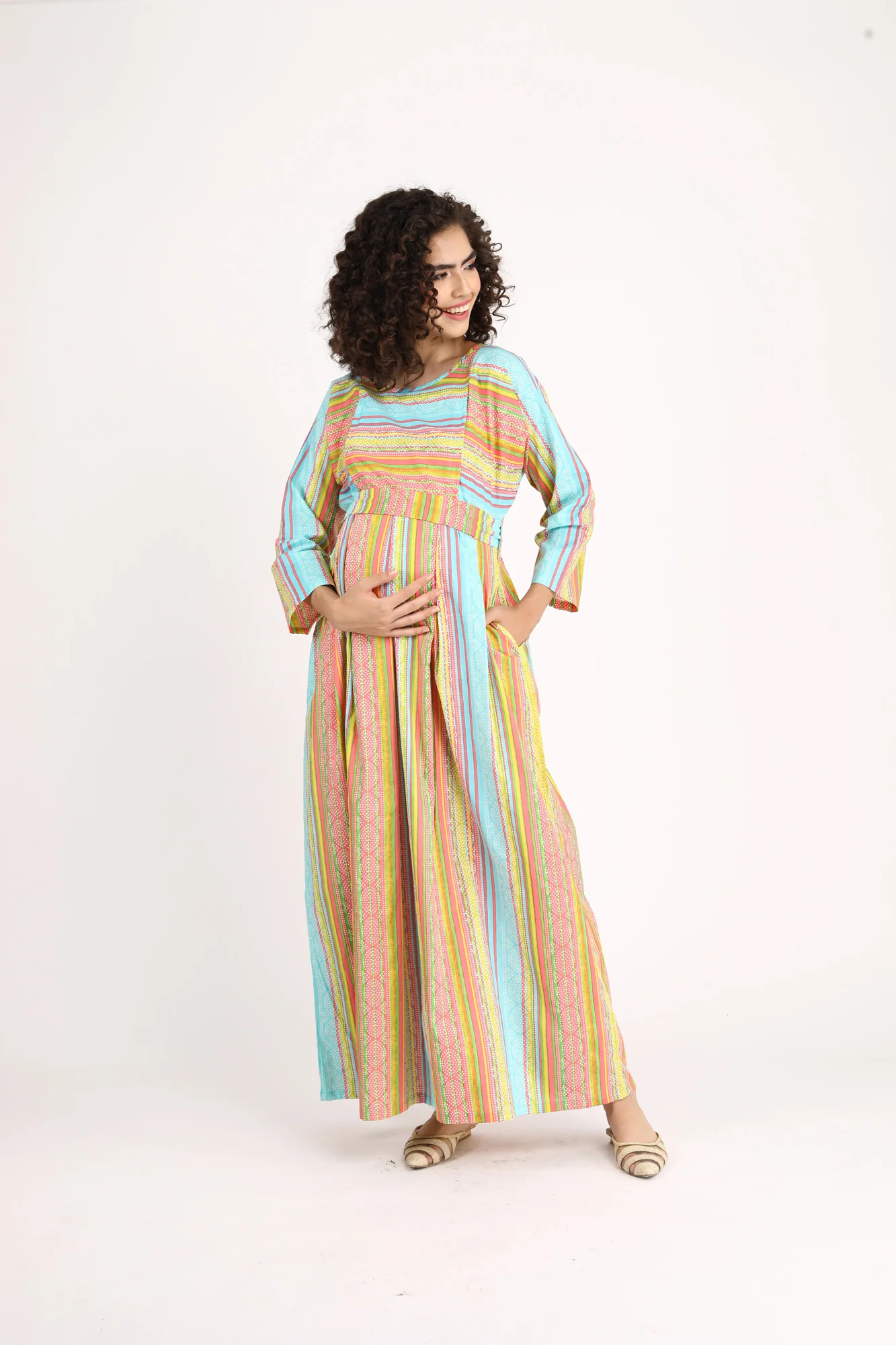 Colorful Pink Maternity & Nursing Maxi Dress (100% Cotton) - Chenance