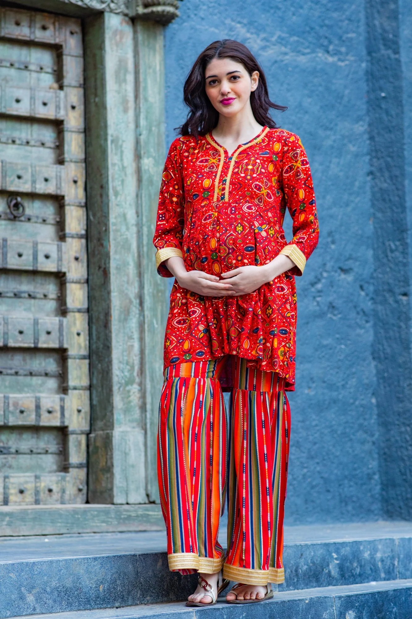 Crimson Red Ethnic Maternity & Nursing Suit Set (2 pc) - Chenance