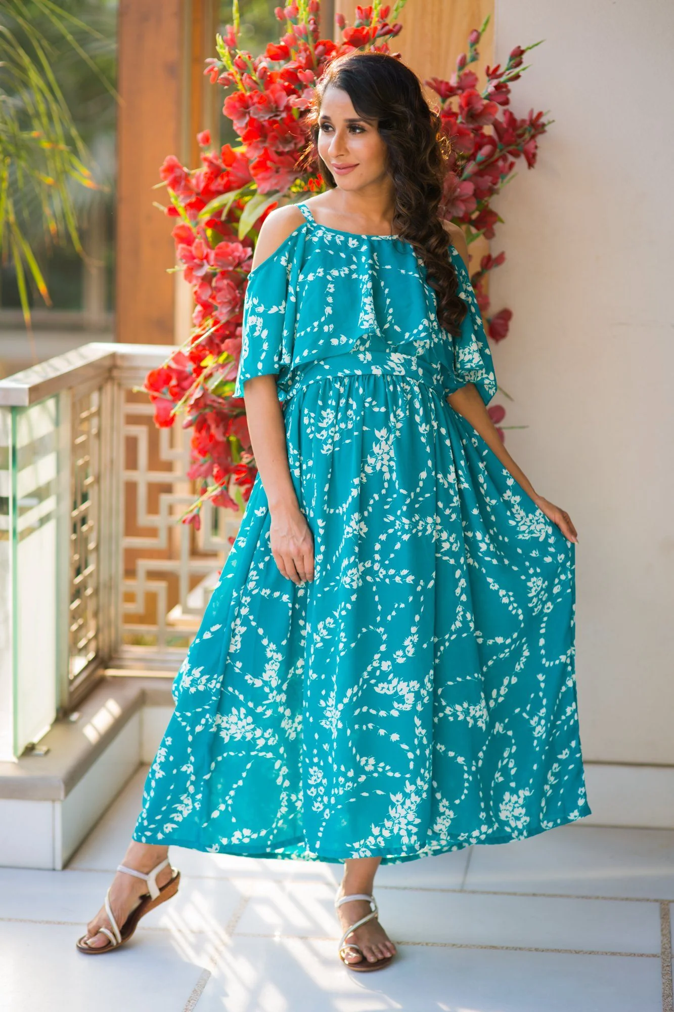 Teal Leafy Cold Shoulder Maternity & Nursing Maxi Dress - Chenance