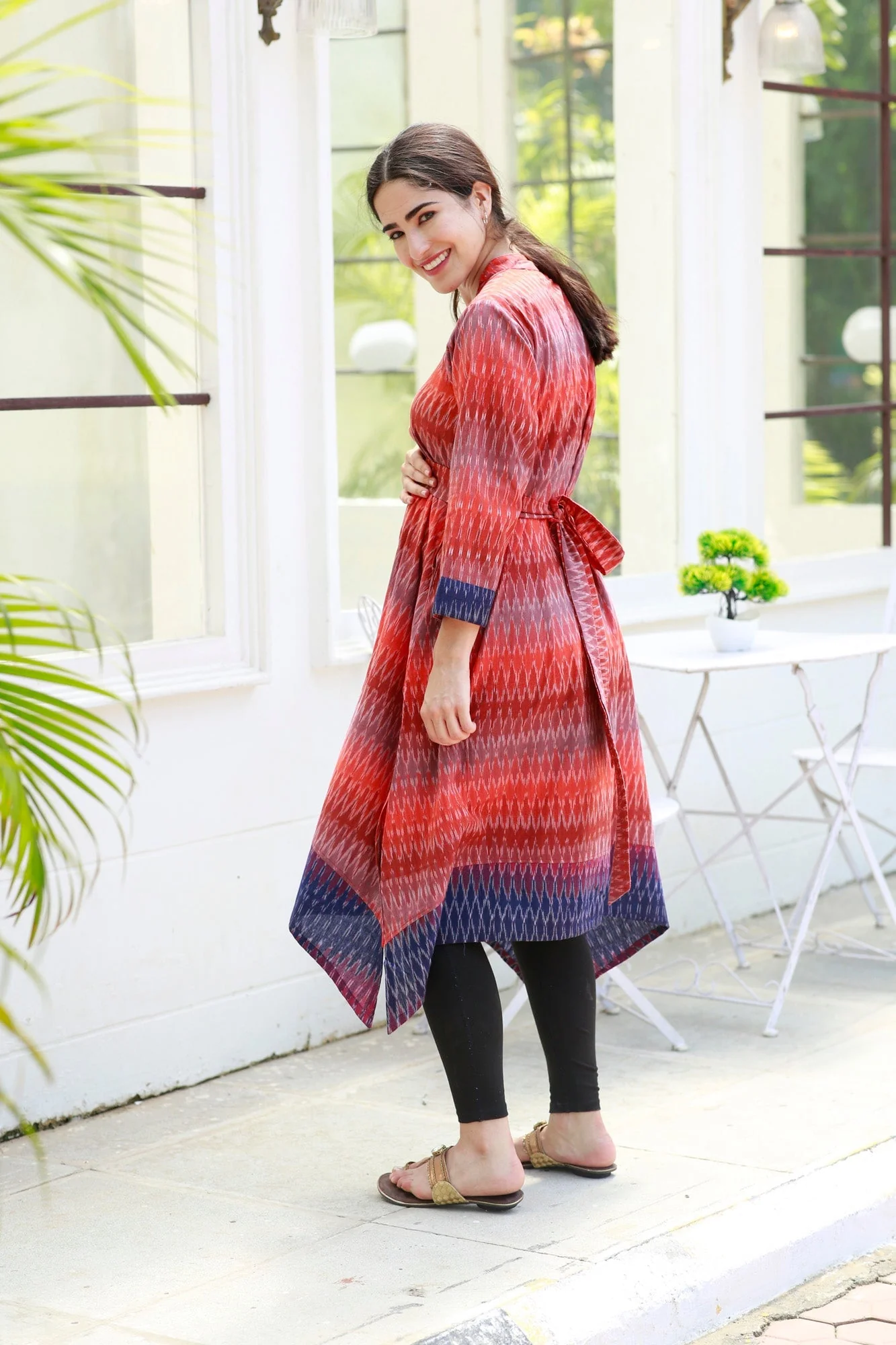 Graceful Reddish Ikat Front Zip Maternity & Nursing Kurta (100% Cotton) - Chenance