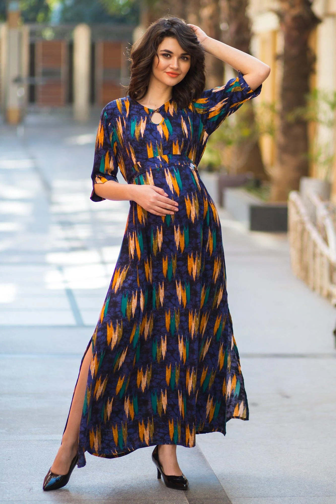 Midnight Blue Mustard Side Slit Maternity & Feeding Dress - Chenance