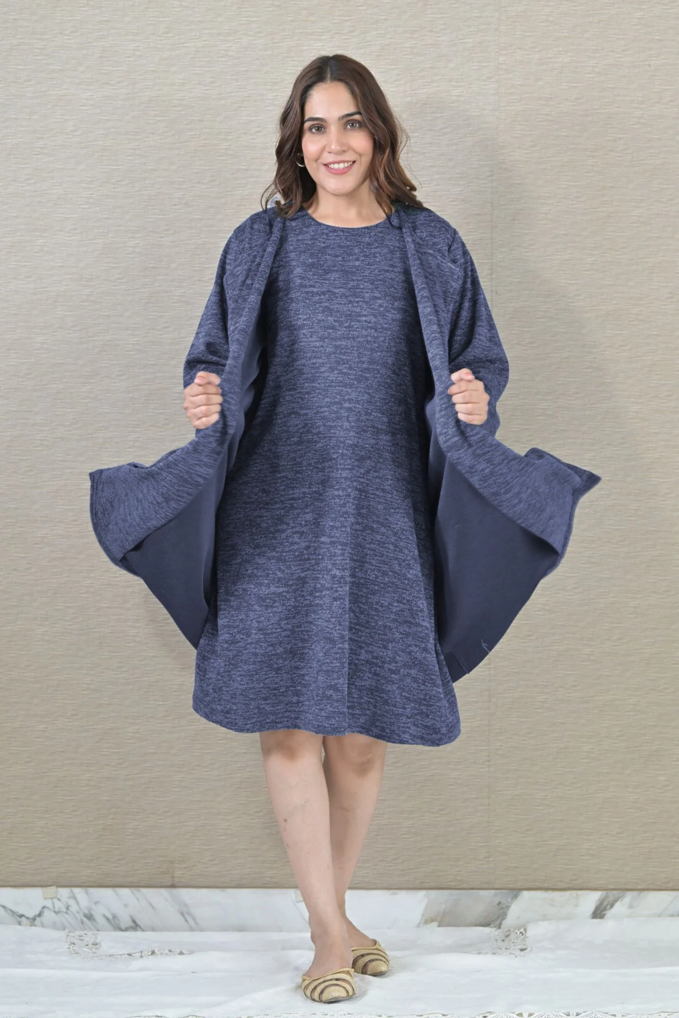 Blue Maternity Winter Dress With Cover Up (2pc) - Chenance