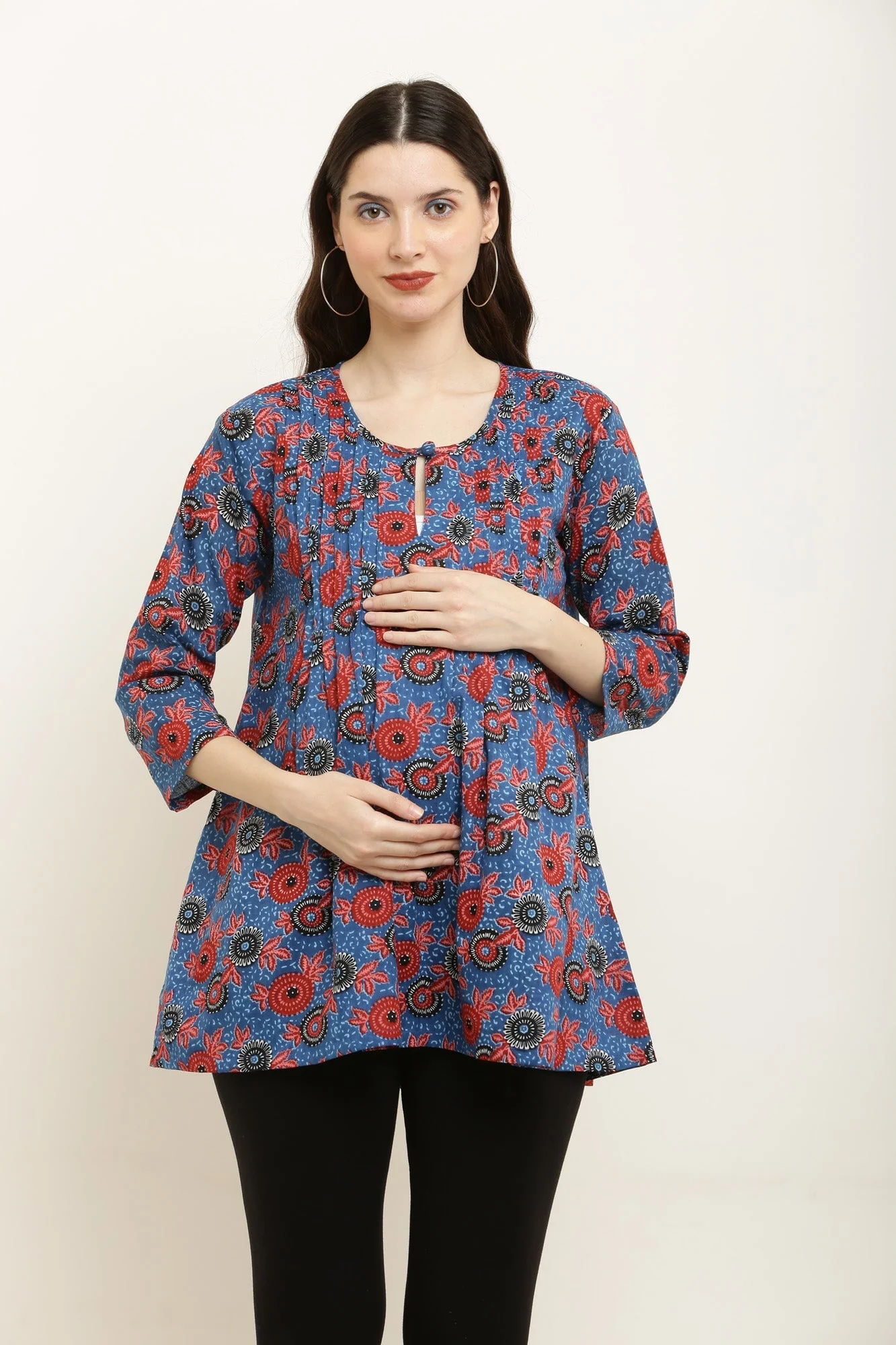 Dreamy Blue Bloom Maternity & Nursing Pintucks Top (100% Cotton) - Chenance