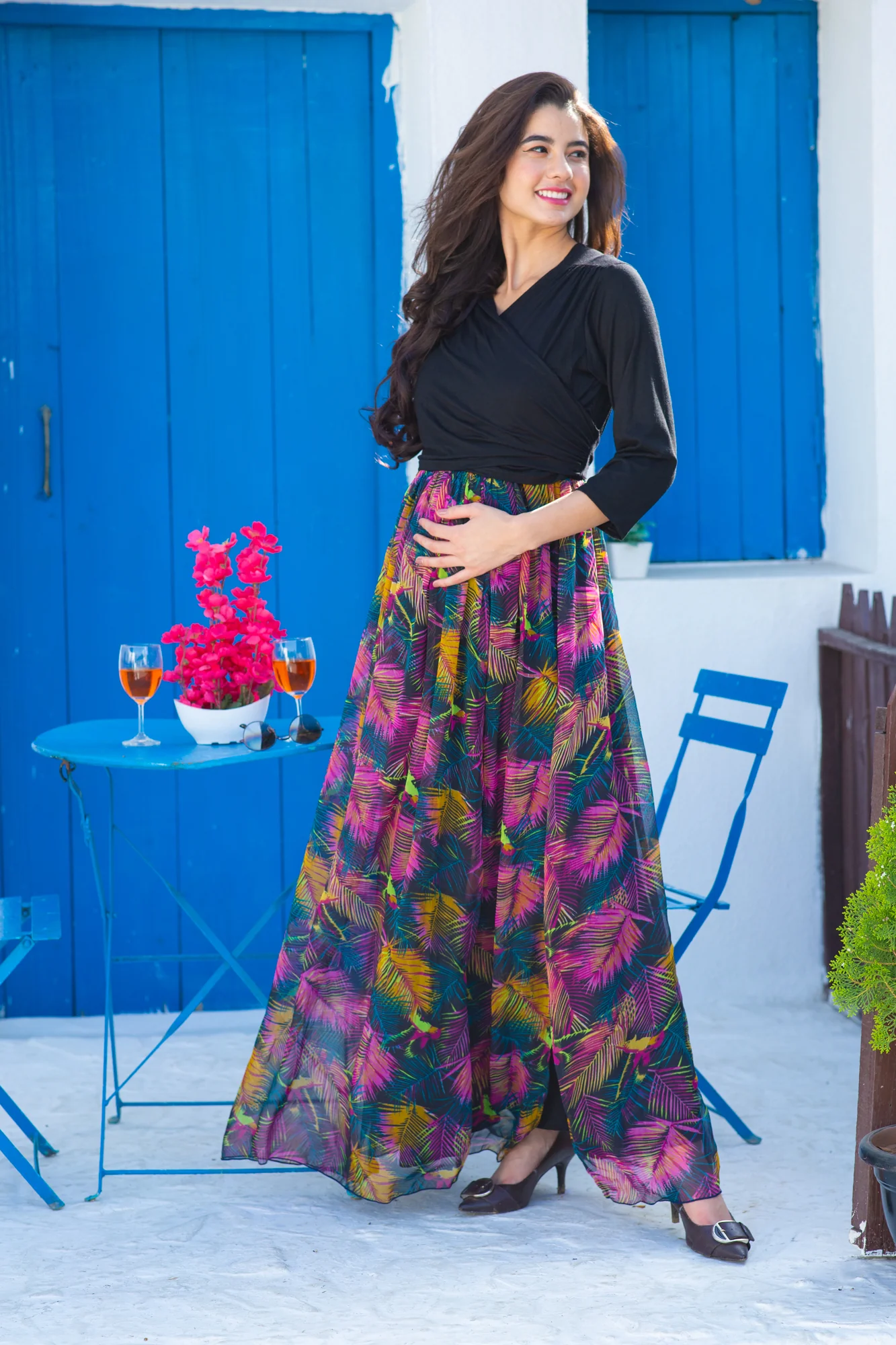 Tropical Noir Luxe Chiffon Maternity & Nursing Wrap Dress - Chenance