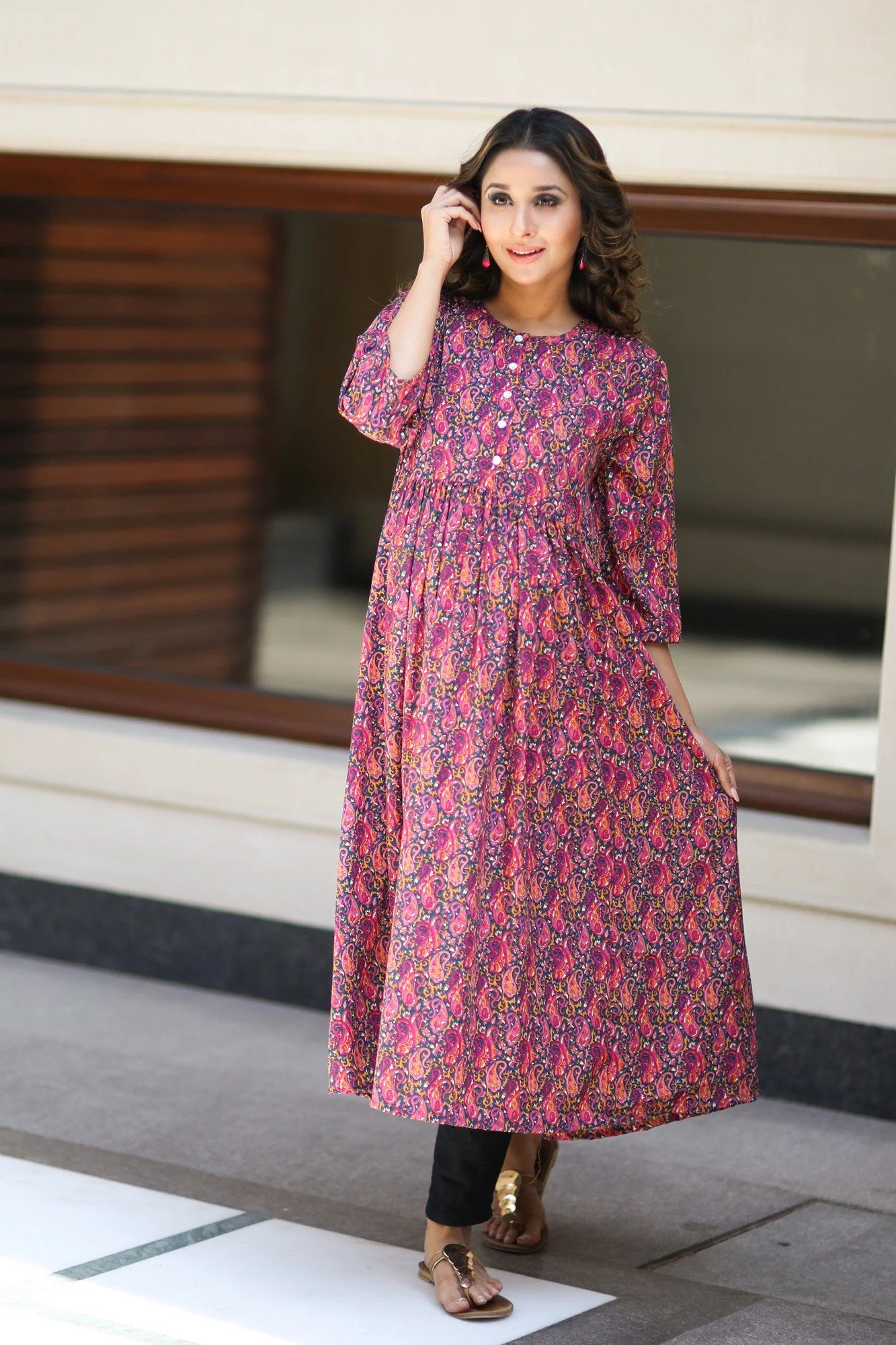 Vibrant Pink Soft Crepe Long Maternity & Feeding Kurta - Chenance
