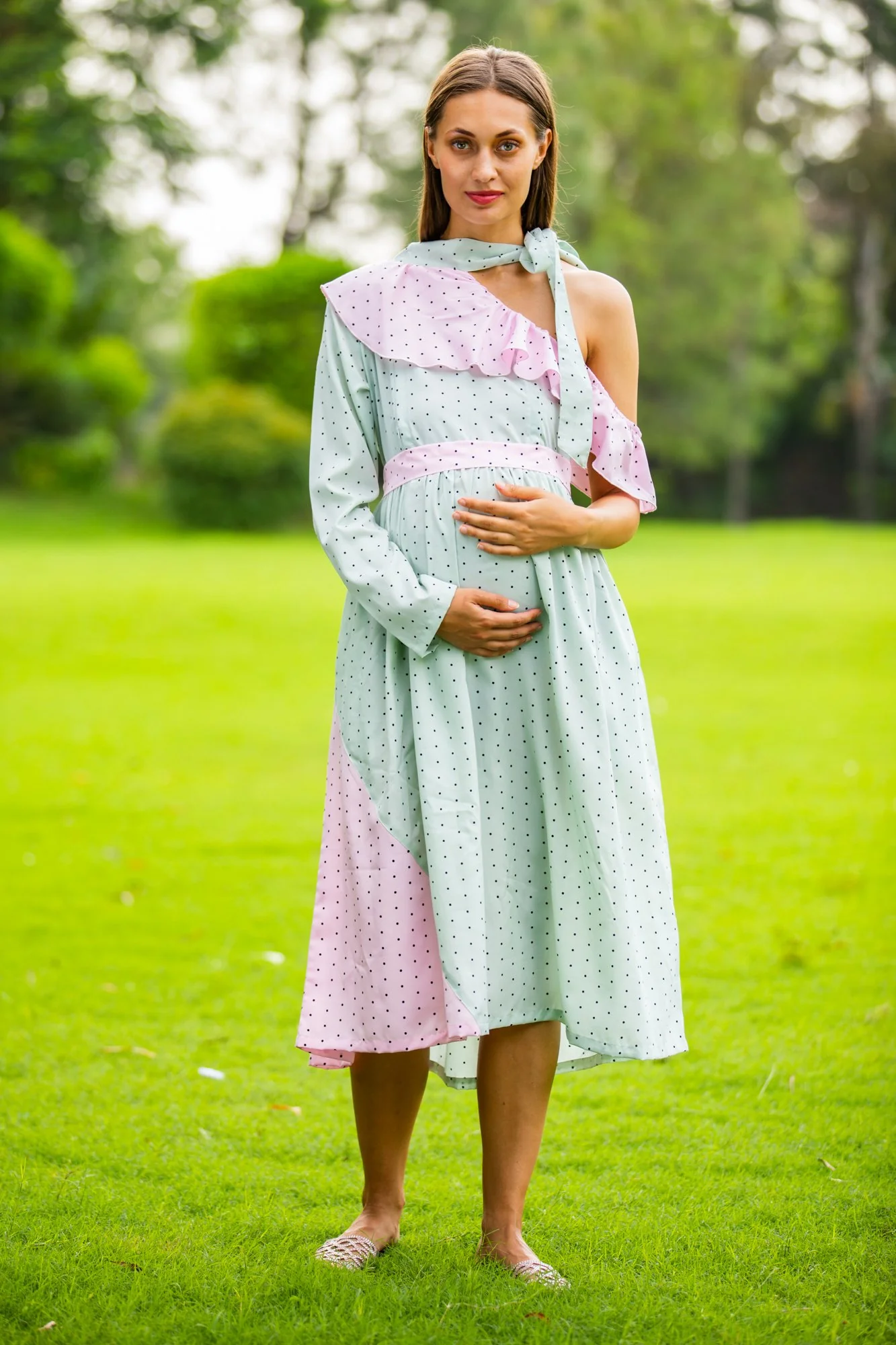 Mint Blush Polka Neck Tie Maternity & Nursing Dress - Chenance