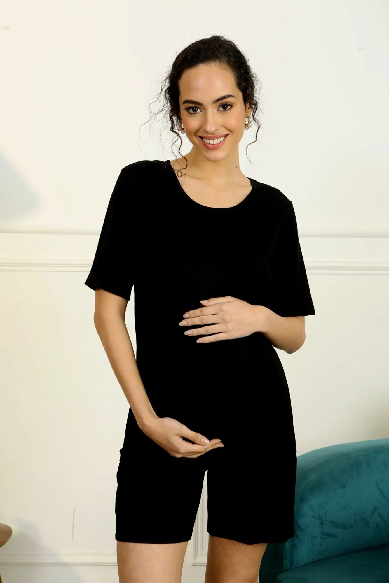 Ebony Black Biker Short Maternity Lounge Coord Set (2 Pc) - Chenance