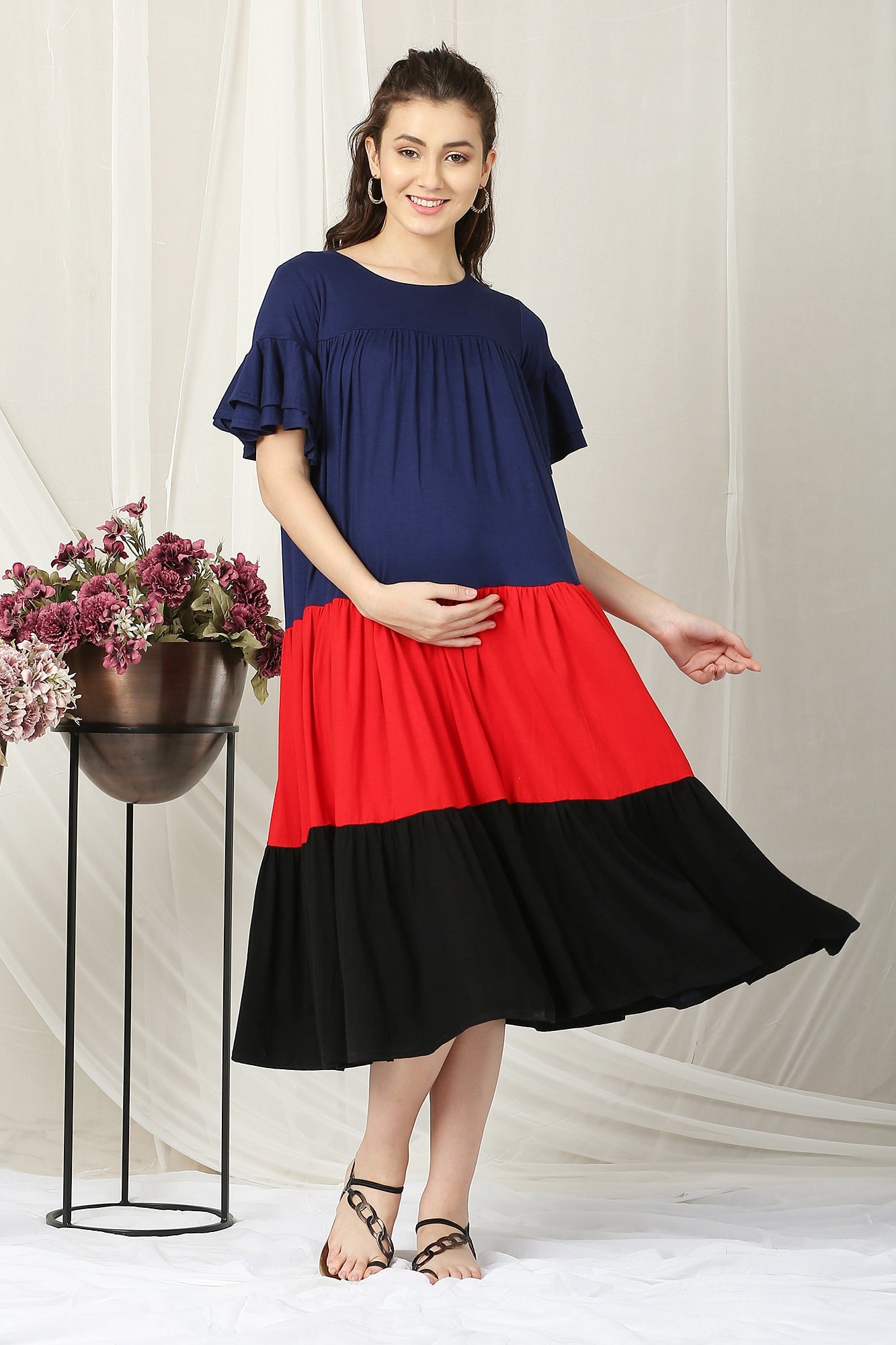 Charming Easy Breezy Blue & Red Layered Maternity Dress - Chenance