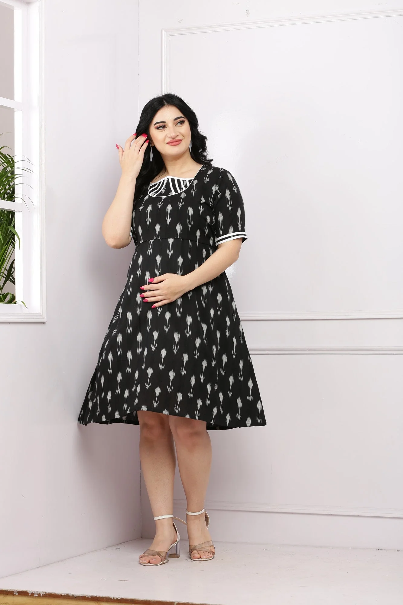 Ikat Jade Black Flap Maternity& Nursing Dress (100% Cotton) - Chenance