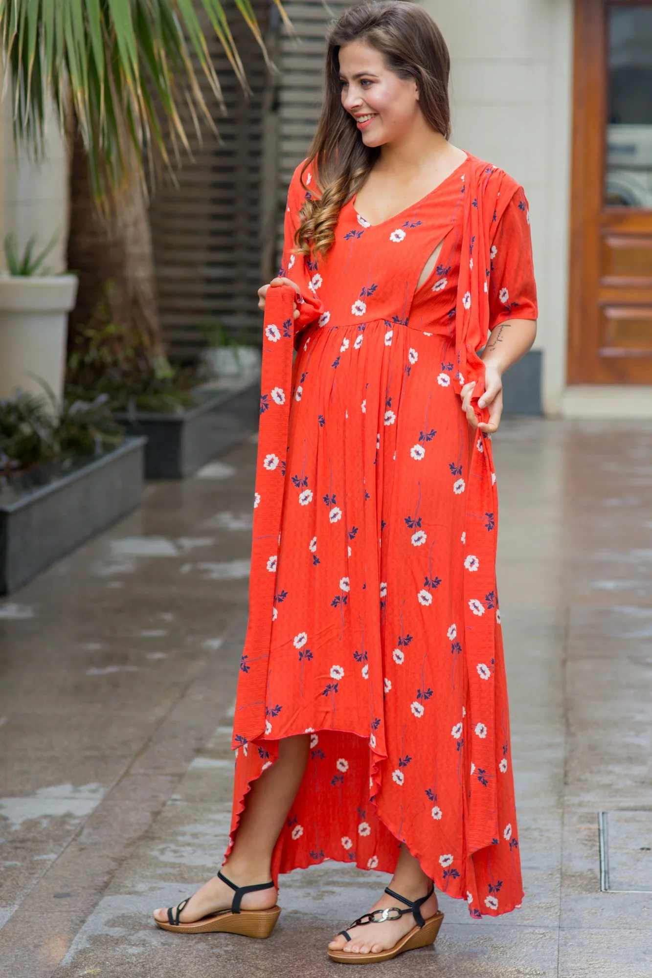 Tangerine Blossom Hi-Low Maternity & Nursing Wrap Dress - Chenance