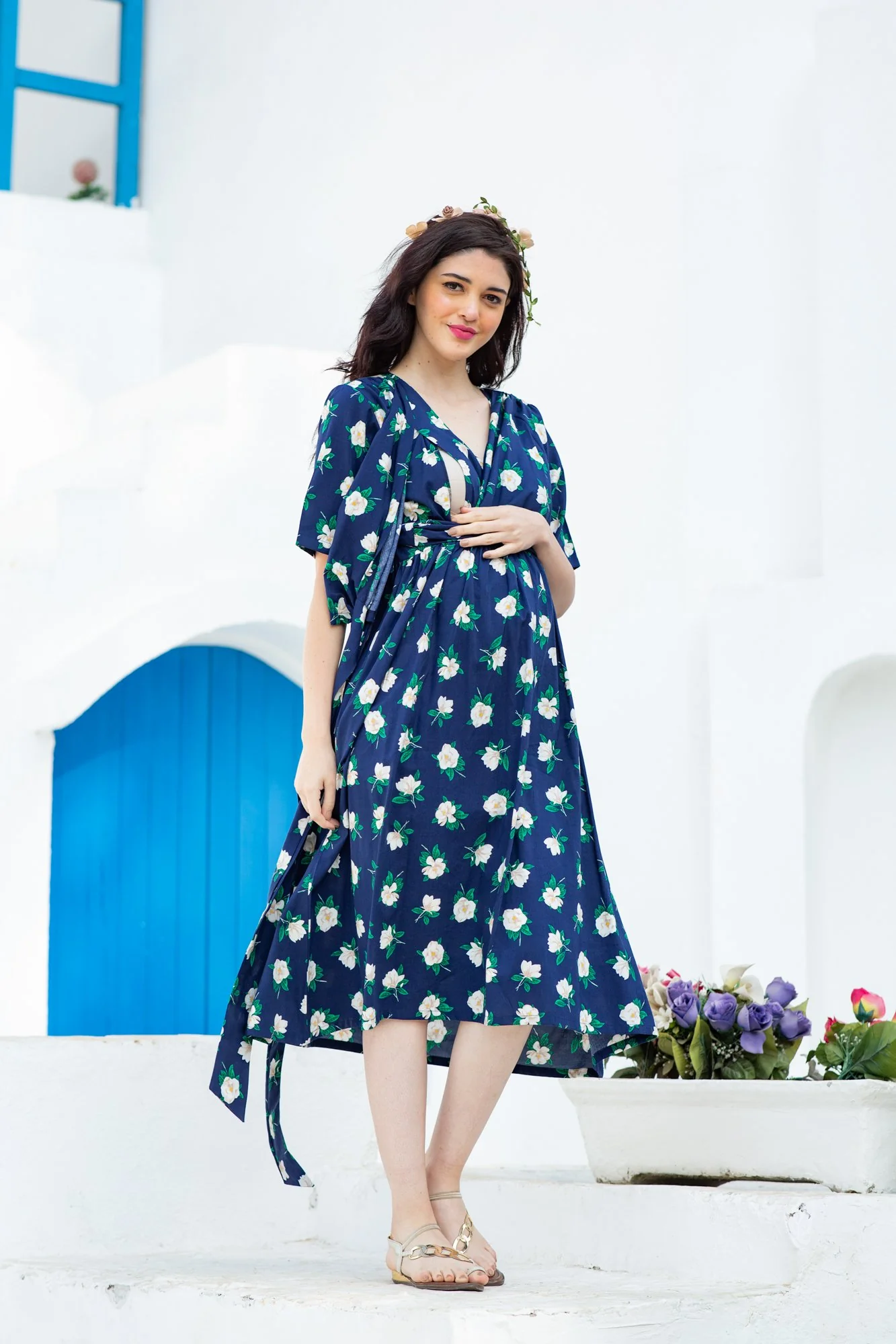 Azure Floral Maternity & Nursing Wrap Midi Dress - Chenance