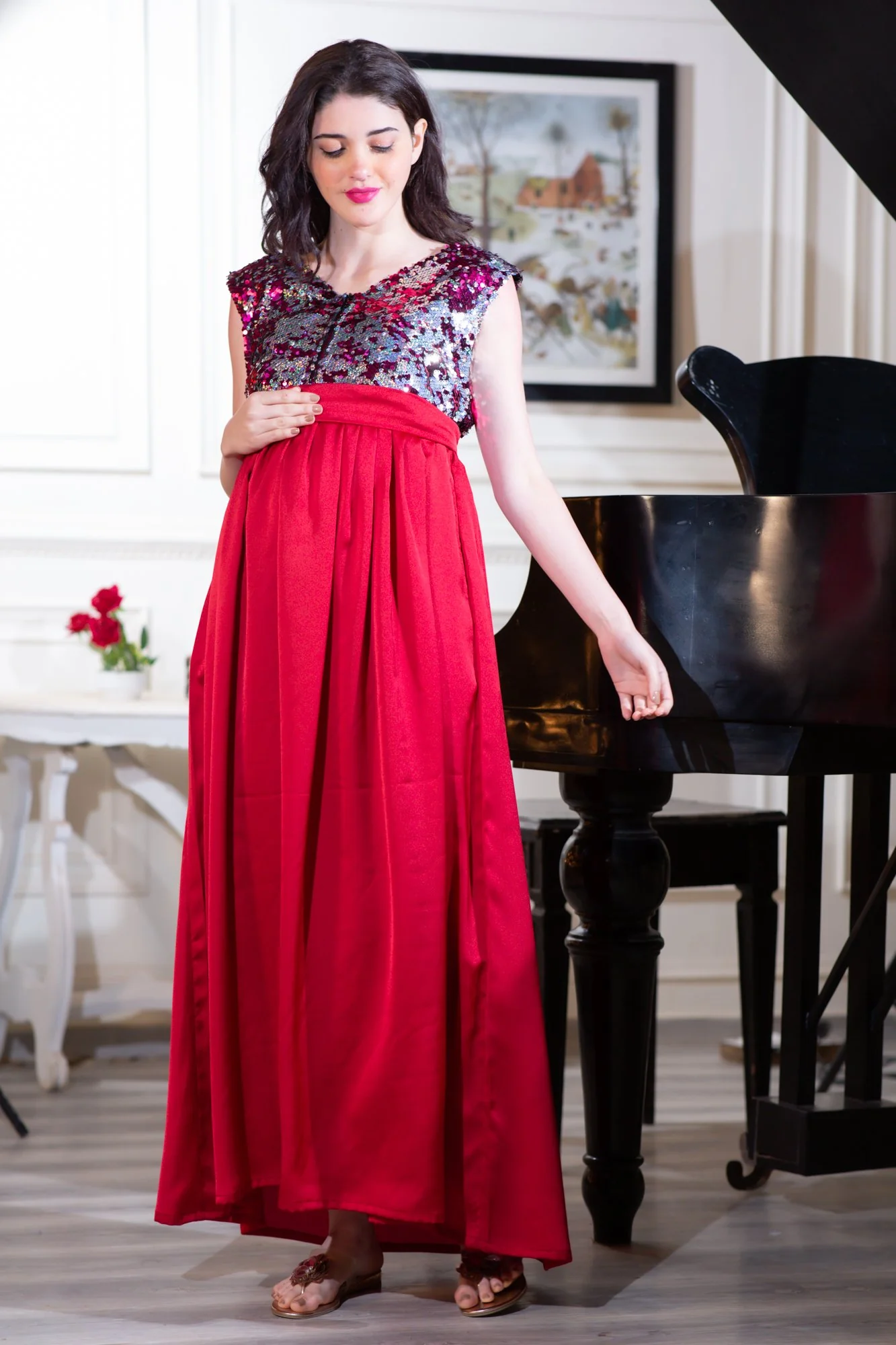 Luxe Red Gold Sequin Maternity & Nursing Dress - Chenance