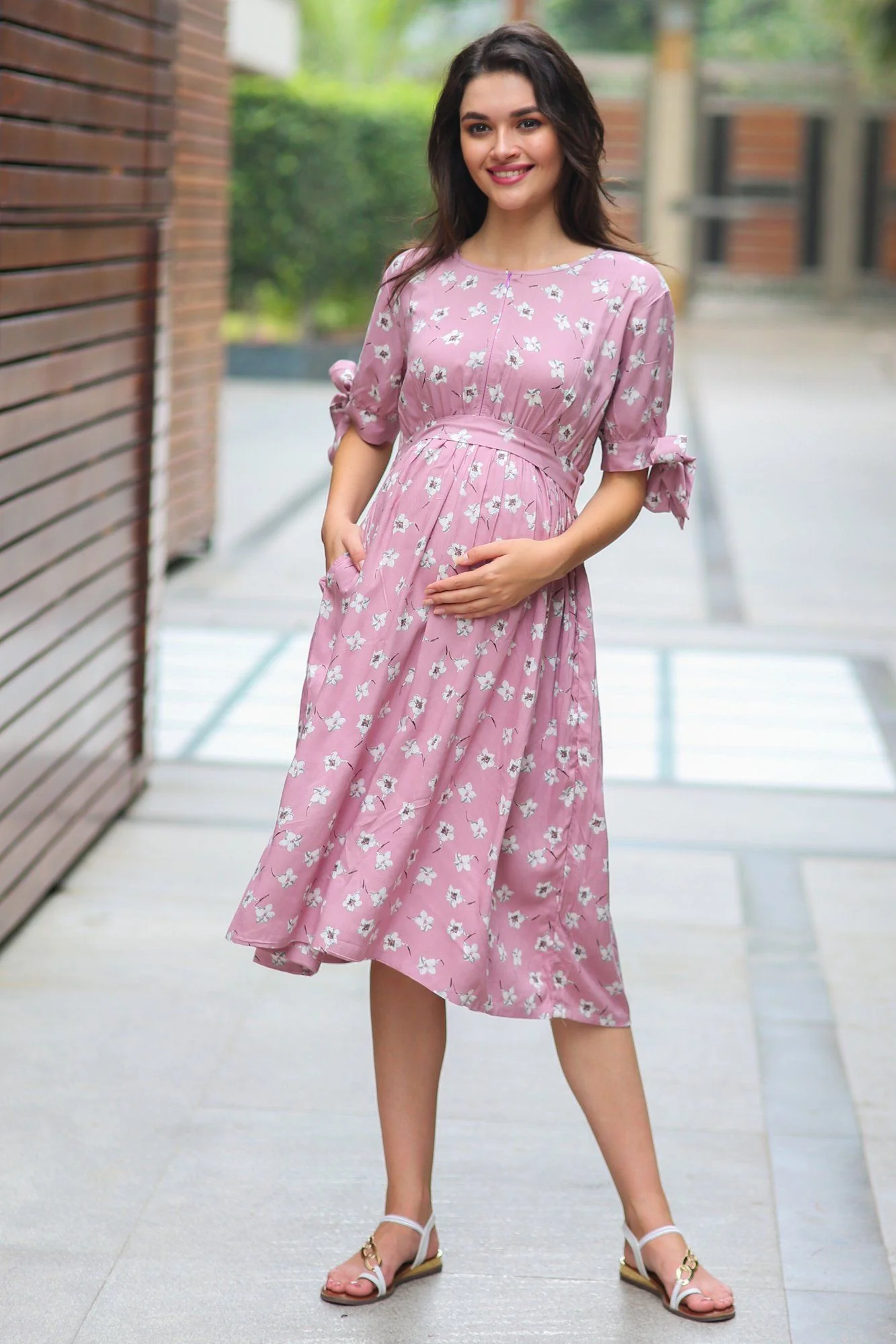 Pastel Pink Floral Ties Maternity & Nursing Dress - Chenance