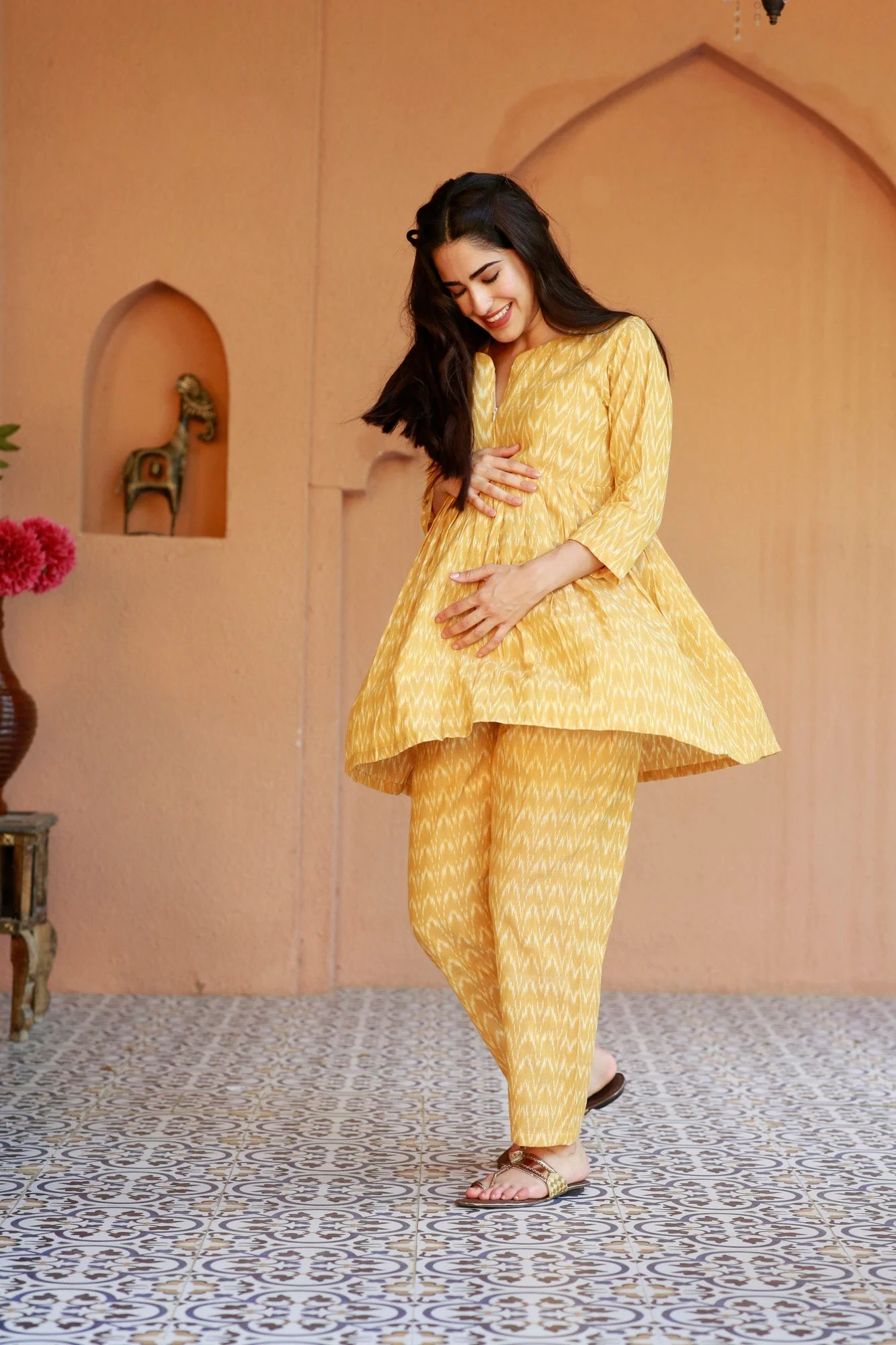 Restful Mustard Ikat Maternity & Nursing Lounge Coord Set (2Pc) (100% Cotton) - Chenance