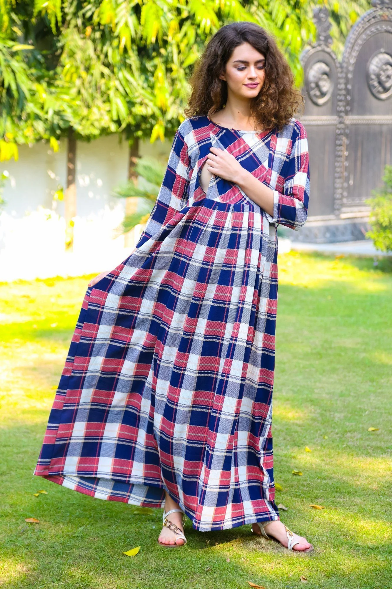 Multicolor Checkered Maternity & Nursing Maxi Dress - Chenance