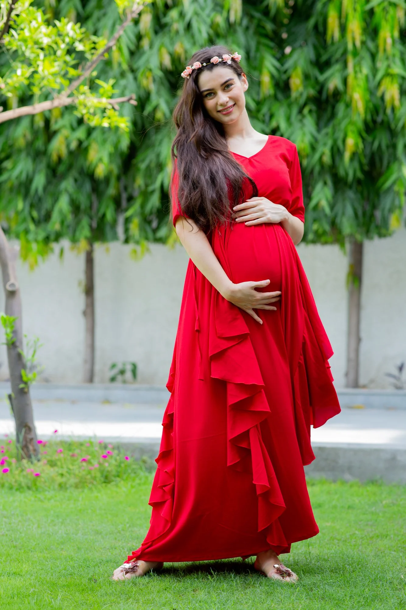 Red Bubble Satin Luxe Maternity Flow Dress - Chenance