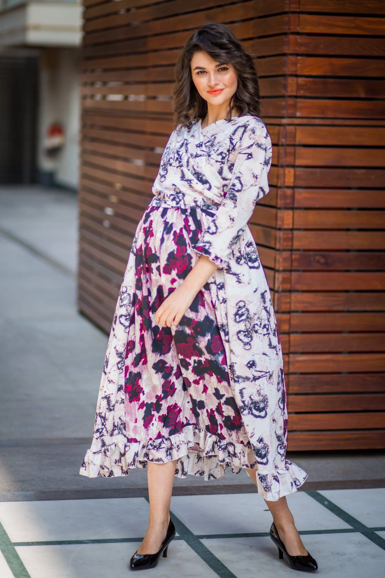 Plum Abstract Frill Maternity & Nursing Wrap Dress - Chenance